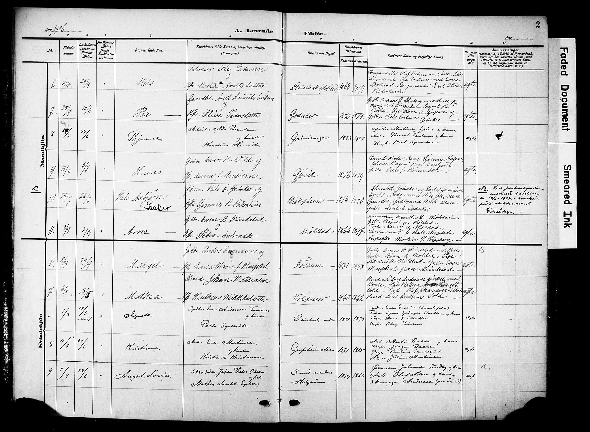 Nes prestekontor, Hedmark, SAH/PREST-020/K/Ka/L0014: Parish register (official) no. 14, 1906-1929, p. 2