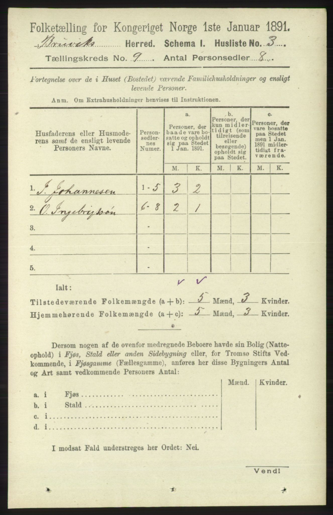 RA, 1891 census for 1251 Bruvik, 1891, p. 3213
