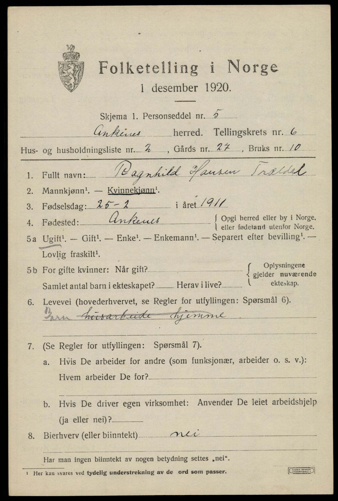 SAT, 1920 census for Ankenes, 1920, p. 3467