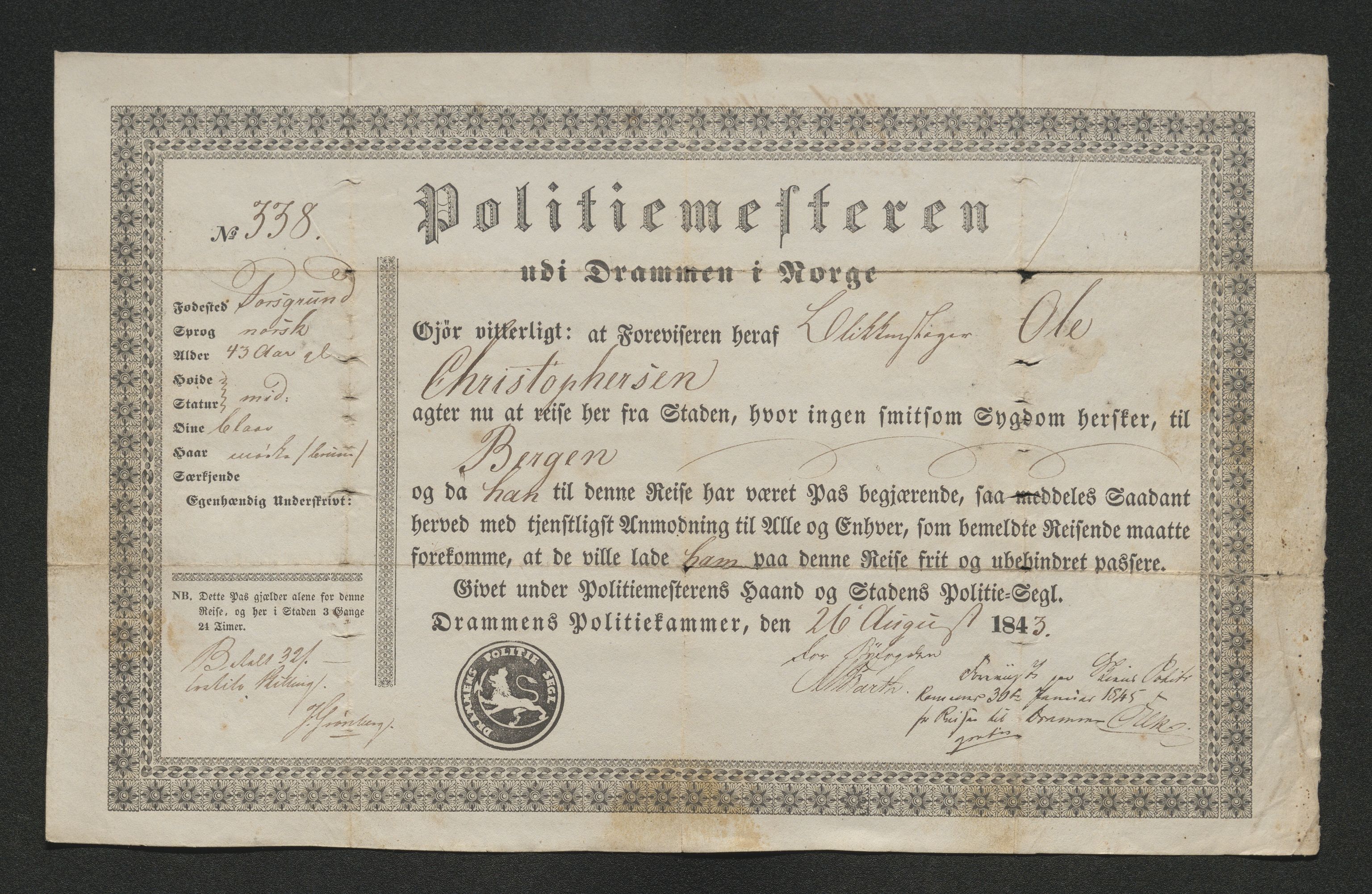 Drammen politikammer, AV/SAKO-A-623/I/Ia/Iab/L0007: Innleverte pass, 1843-1844, p. 712