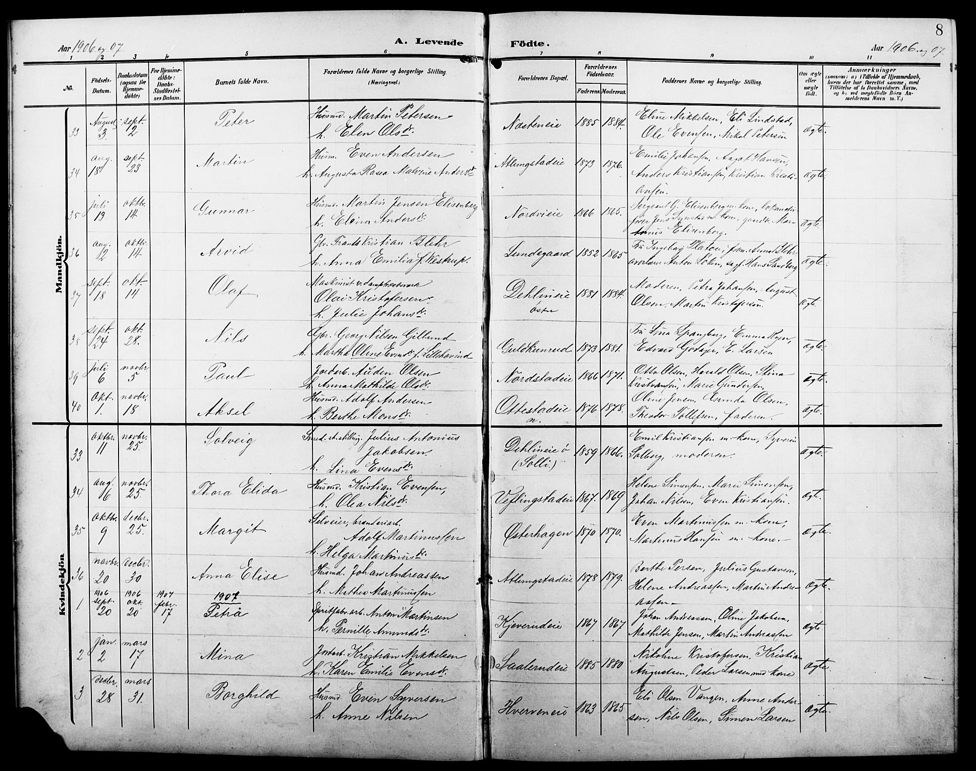 Stange prestekontor, SAH/PREST-002/L/L0013: Parish register (copy) no. 13, 1906-1915, p. 8