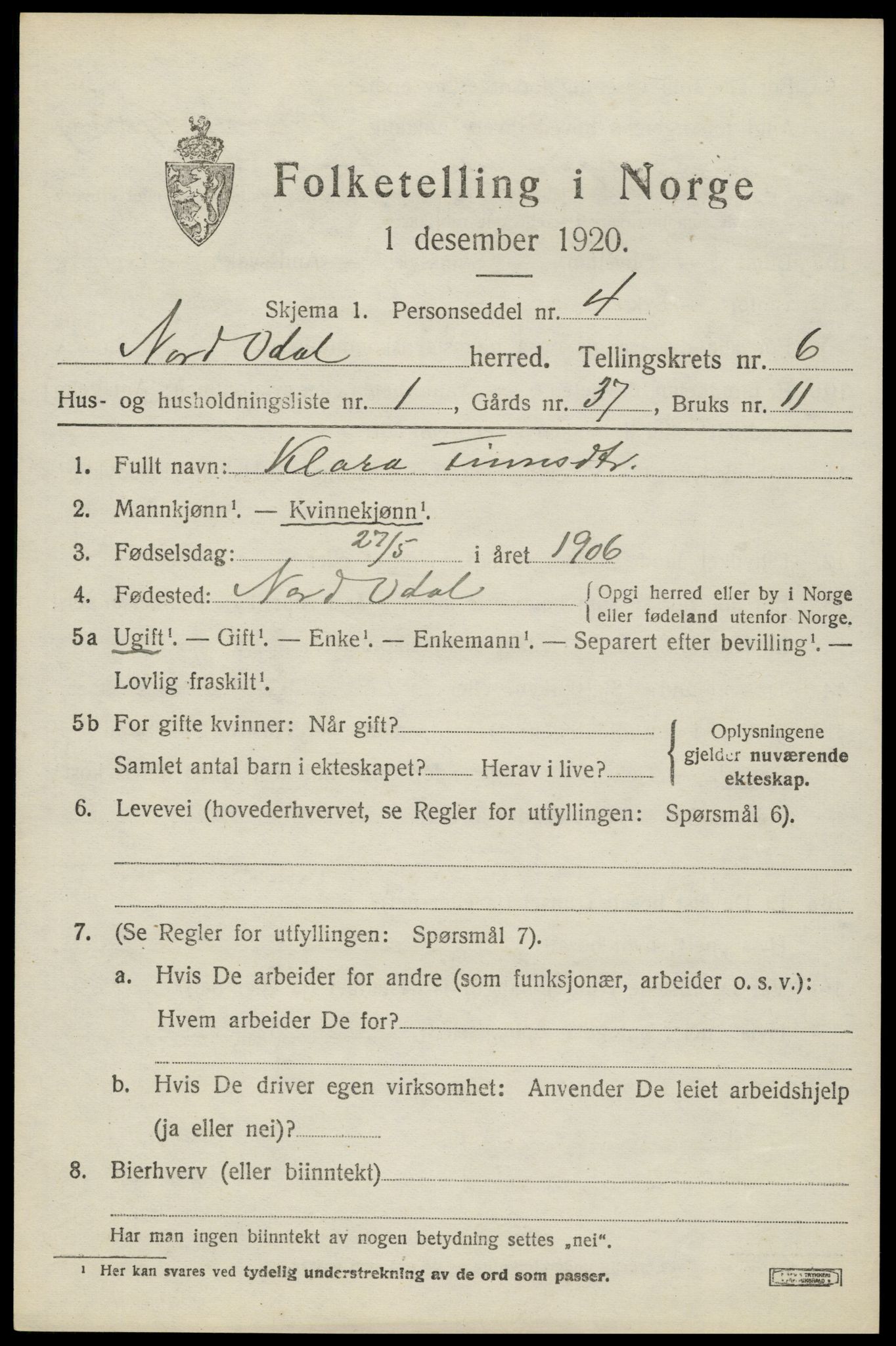 SAH, 1920 census for Nord-Odal, 1920, p. 6575