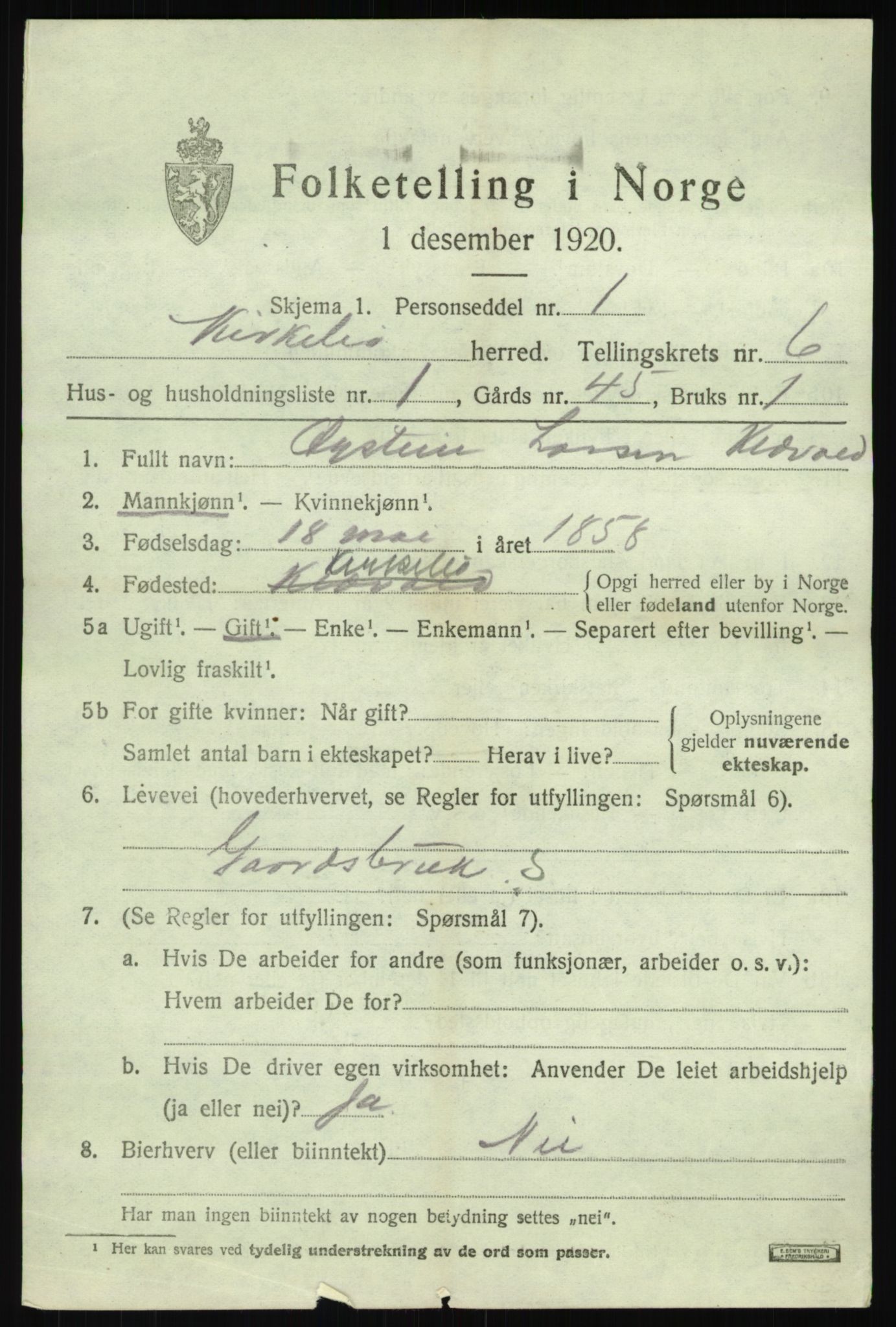 SAB, 1920 census for Kyrkjebø, 1920, p. 2917