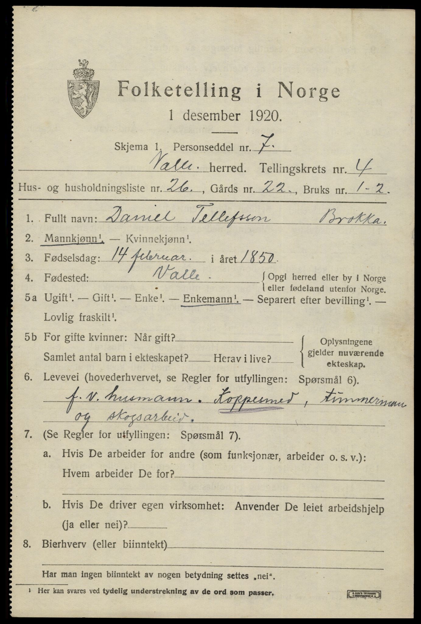 SAK, 1920 census for Valle, 1920, p. 2275