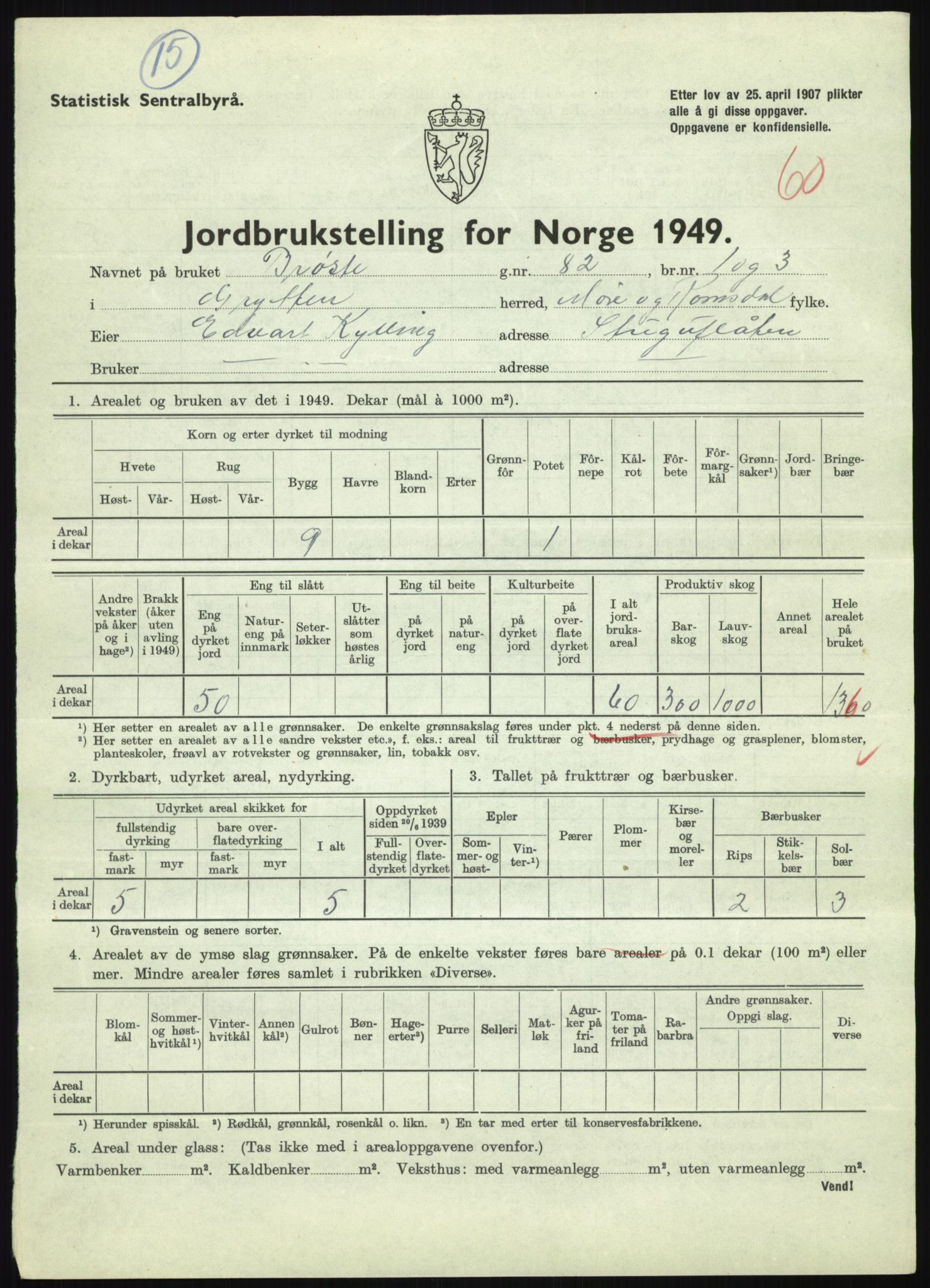 Statistisk sentralbyrå, Næringsøkonomiske emner, Jordbruk, skogbruk, jakt, fiske og fangst, AV/RA-S-2234/G/Gc/L0323: Møre og Romsdal: Grytten og Hen, 1949, p. 311