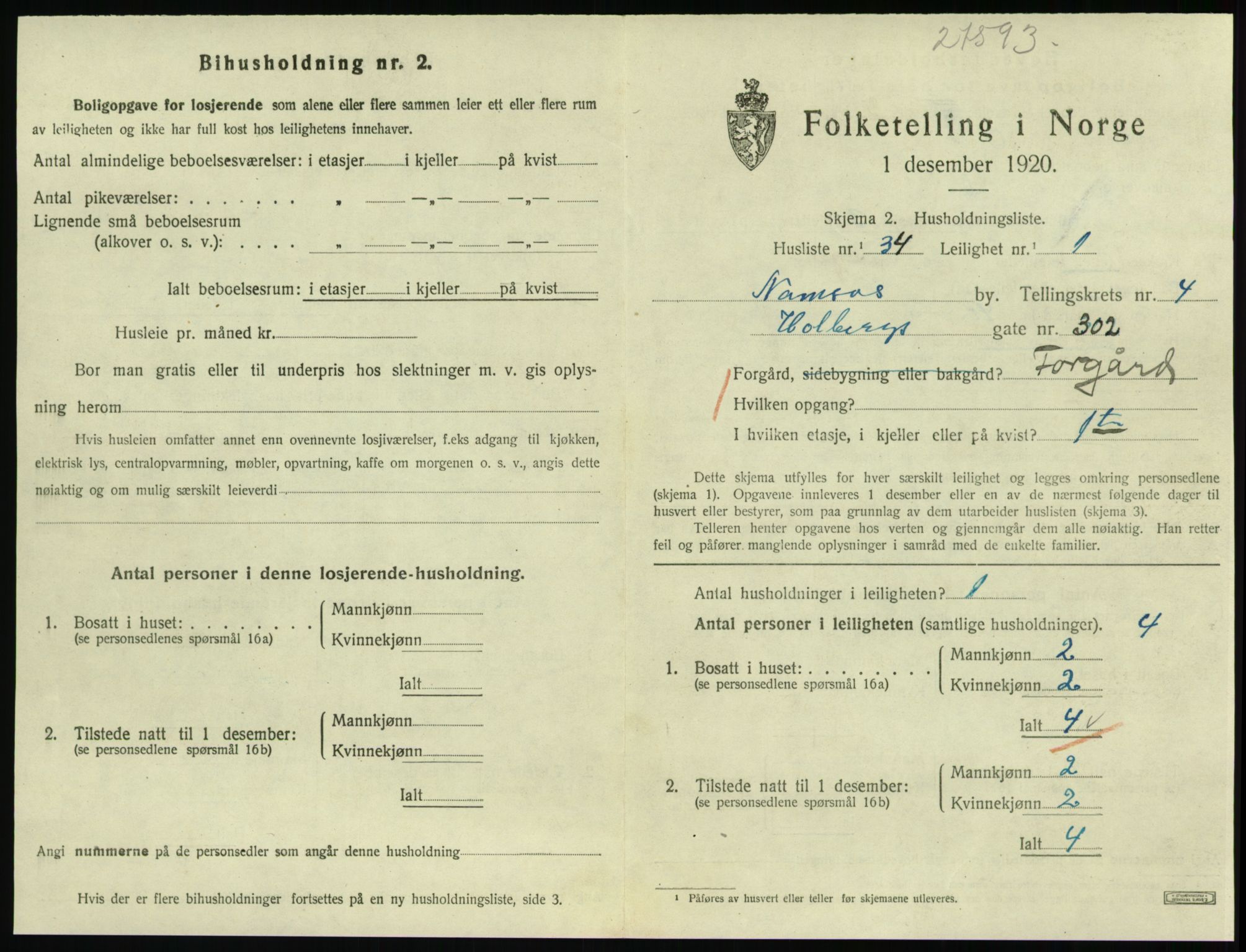 SAT, 1920 census for Namsos, 1920, p. 1525