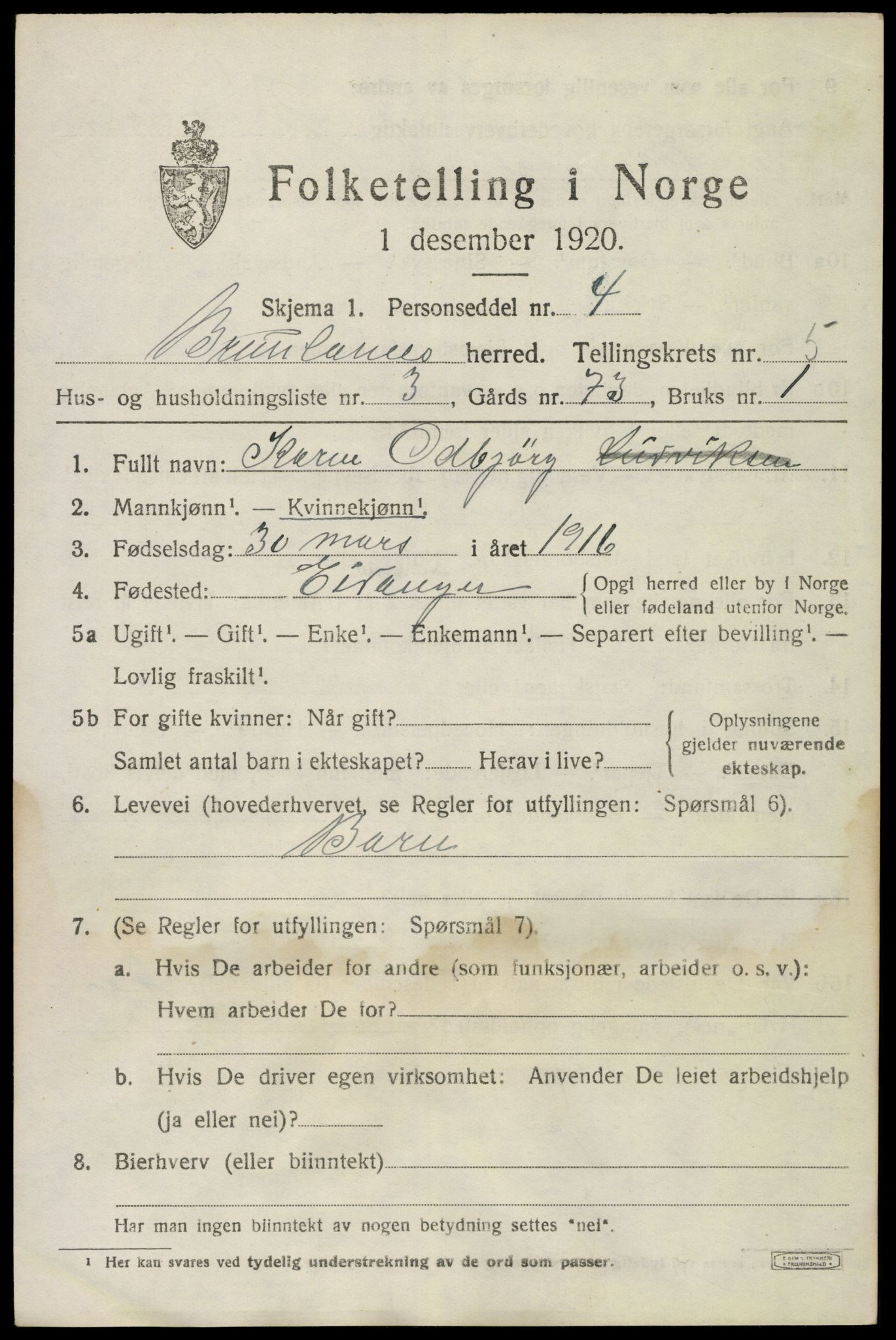 SAKO, 1920 census for Brunlanes, 1920, p. 6591