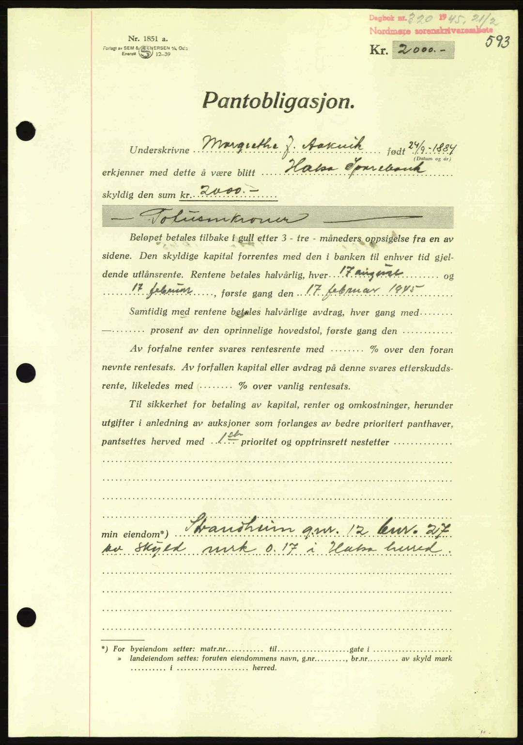 Nordmøre sorenskriveri, AV/SAT-A-4132/1/2/2Ca: Mortgage book no. B92, 1944-1945, Diary no: : 320/1945