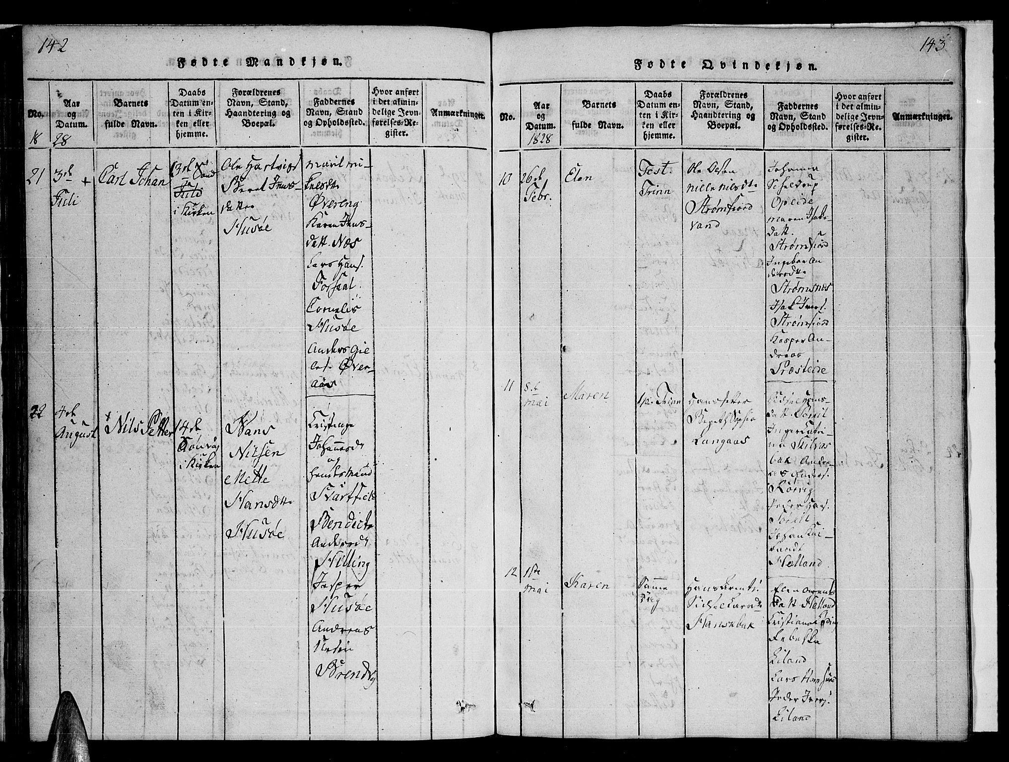 Ministerialprotokoller, klokkerbøker og fødselsregistre - Nordland, SAT/A-1459/859/L0855: Parish register (copy) no. 859C01, 1821-1839, p. 142-143