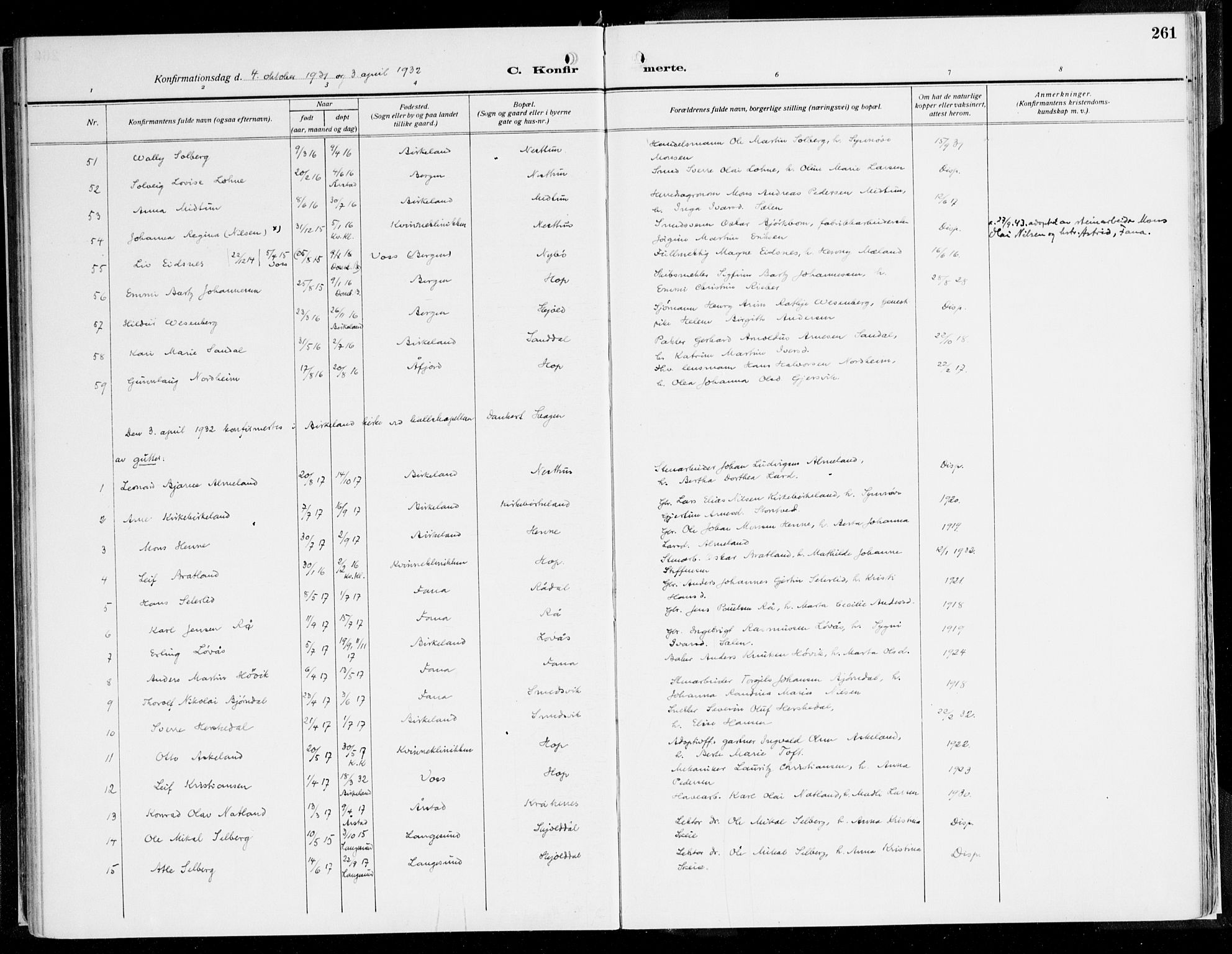 Fana Sokneprestembete, SAB/A-75101/H/Haa/Haaj/L0001: Parish register (official) no. J 1, 1921-1935, p. 261