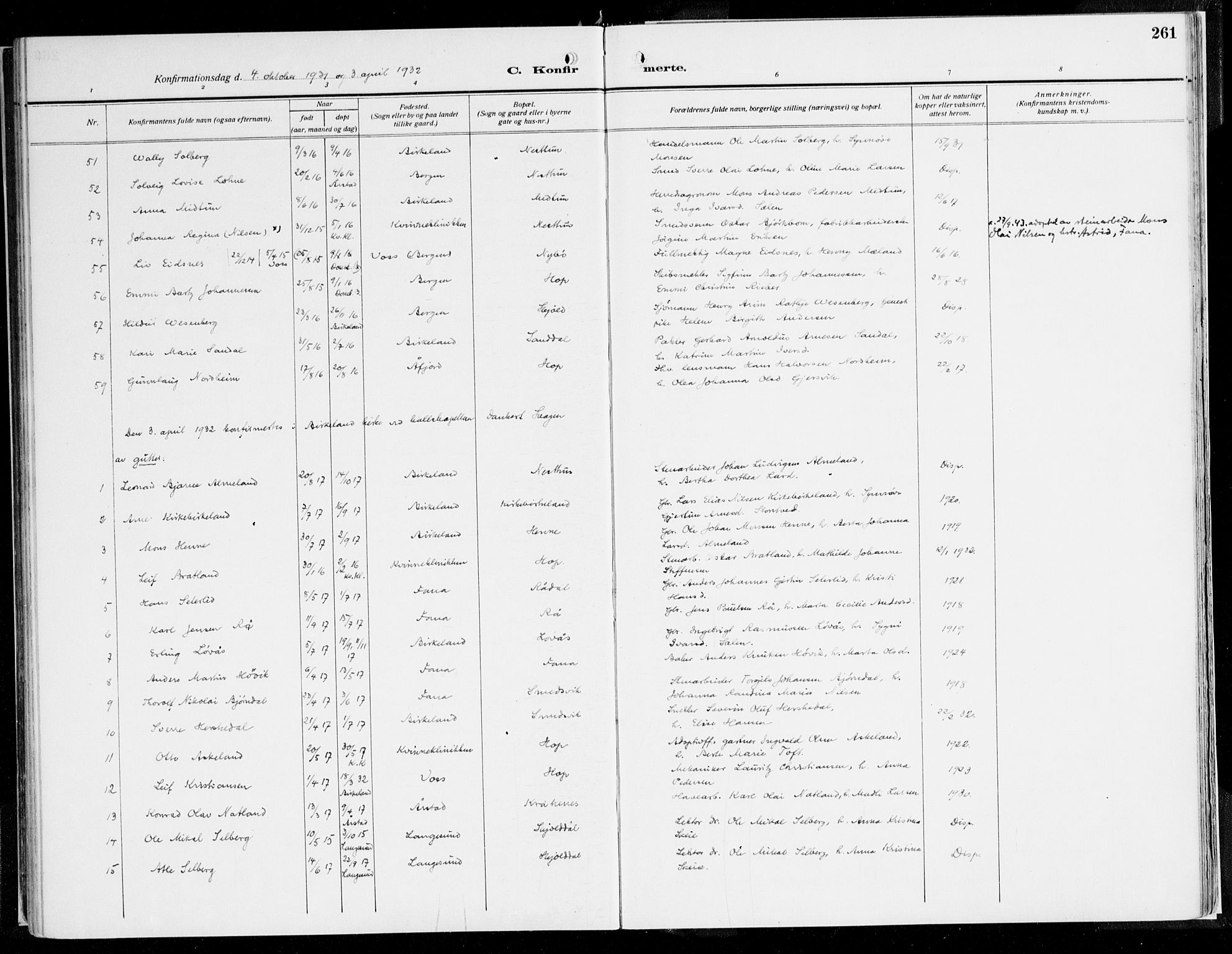 Fana Sokneprestembete, AV/SAB-A-75101/H/Haa/Haaj/L0001: Parish register (official) no. J 1, 1921-1935, p. 261