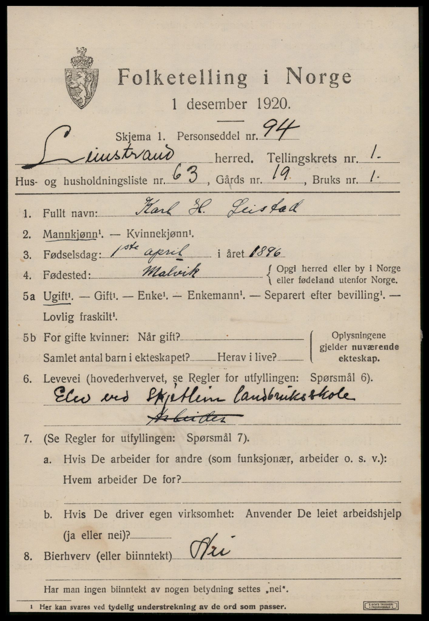 SAT, 1920 census for Leinstrand, 1920, p. 1553