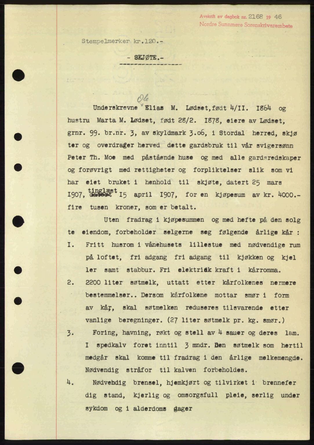 Nordre Sunnmøre sorenskriveri, AV/SAT-A-0006/1/2/2C/2Ca: Mortgage book no. A23, 1946-1947, Diary no: : 2168/1946