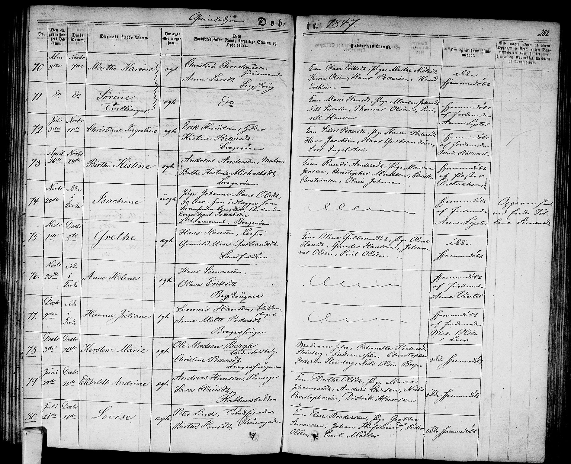 Bragernes kirkebøker, AV/SAKO-A-6/F/Fb/L0001: Parish register (official) no. II 1, 1830-1847, p. 282