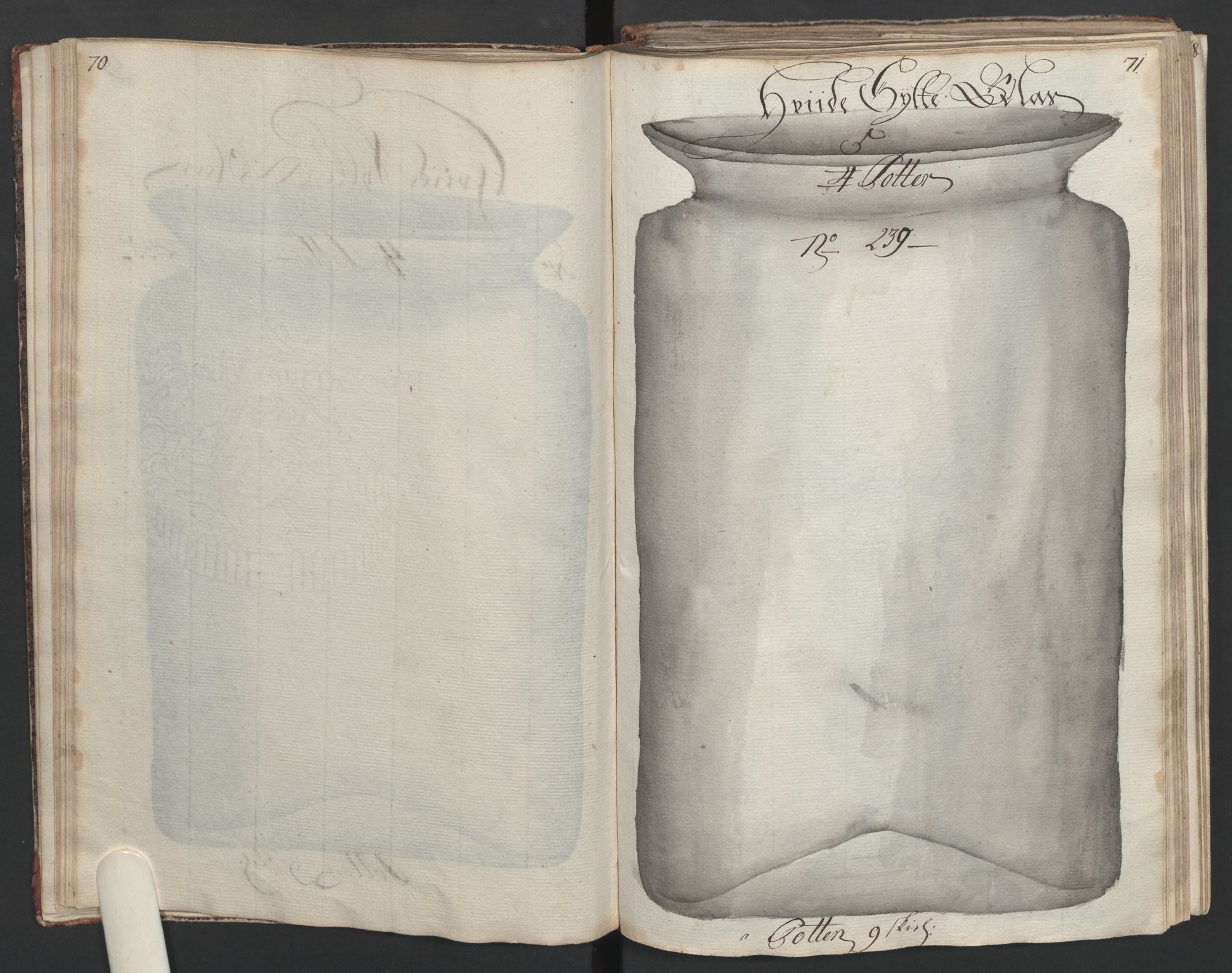 Glassverk, samlinger, AV/RA-PA-0001/F/Fa/L0036: Modellbok for Nøstetangens og Aas' produkter med prisangivelse,, 1763, p. 70-71