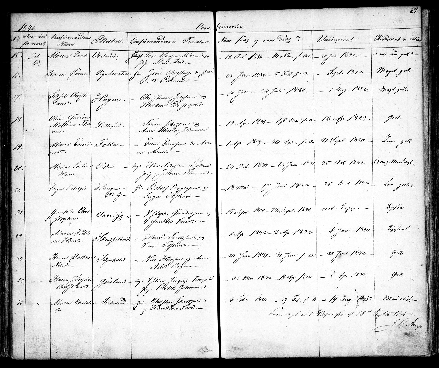 Enebakk prestekontor Kirkebøker, SAO/A-10171c/F/Fa/L0010: Parish register (official) no. I 10, 1829-1876, p. 67