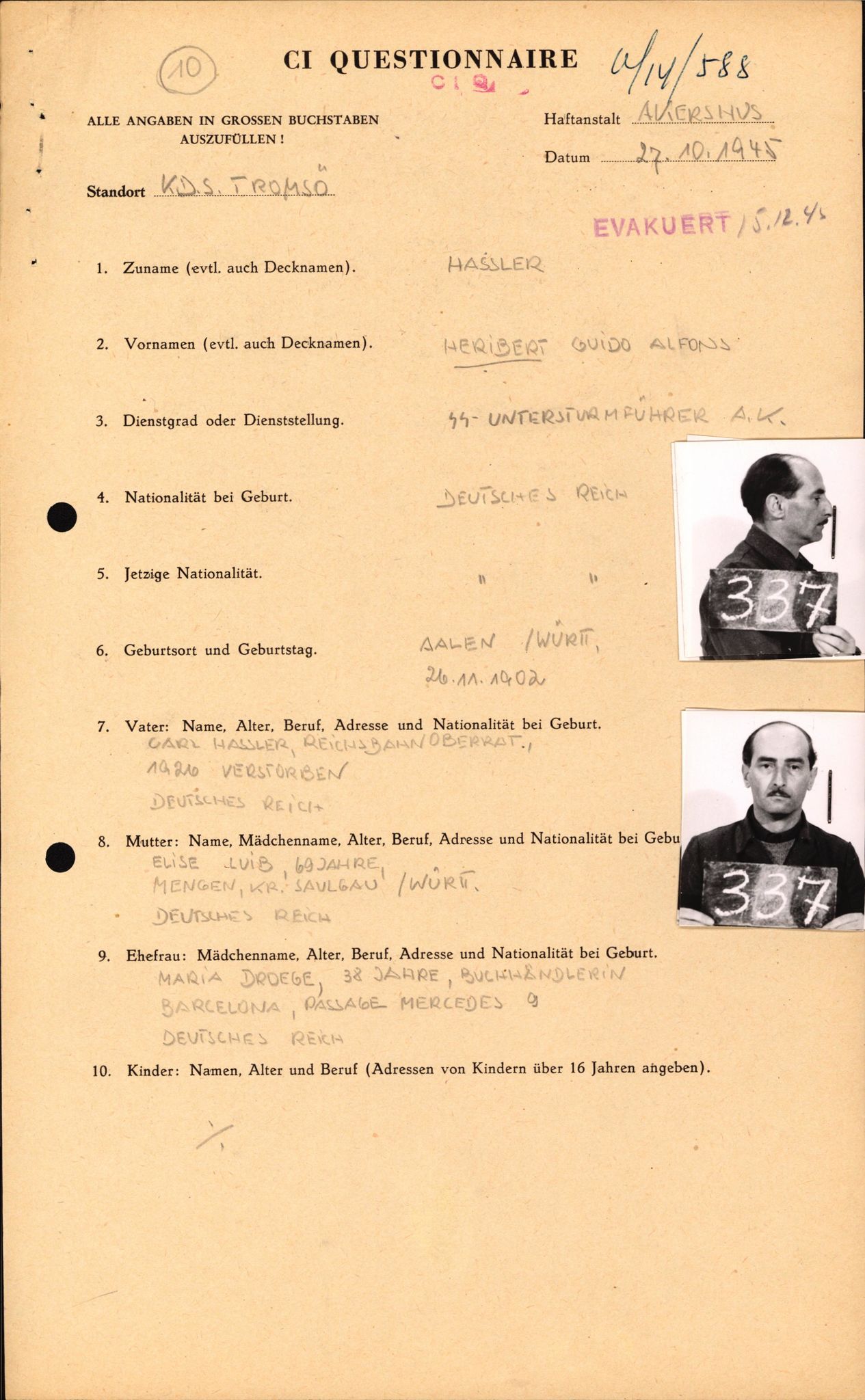 Forsvaret, Forsvarets overkommando II, AV/RA-RAFA-3915/D/Db/L0012: CI Questionaires. Tyske okkupasjonsstyrker i Norge. Tyskere., 1945-1946, p. 88