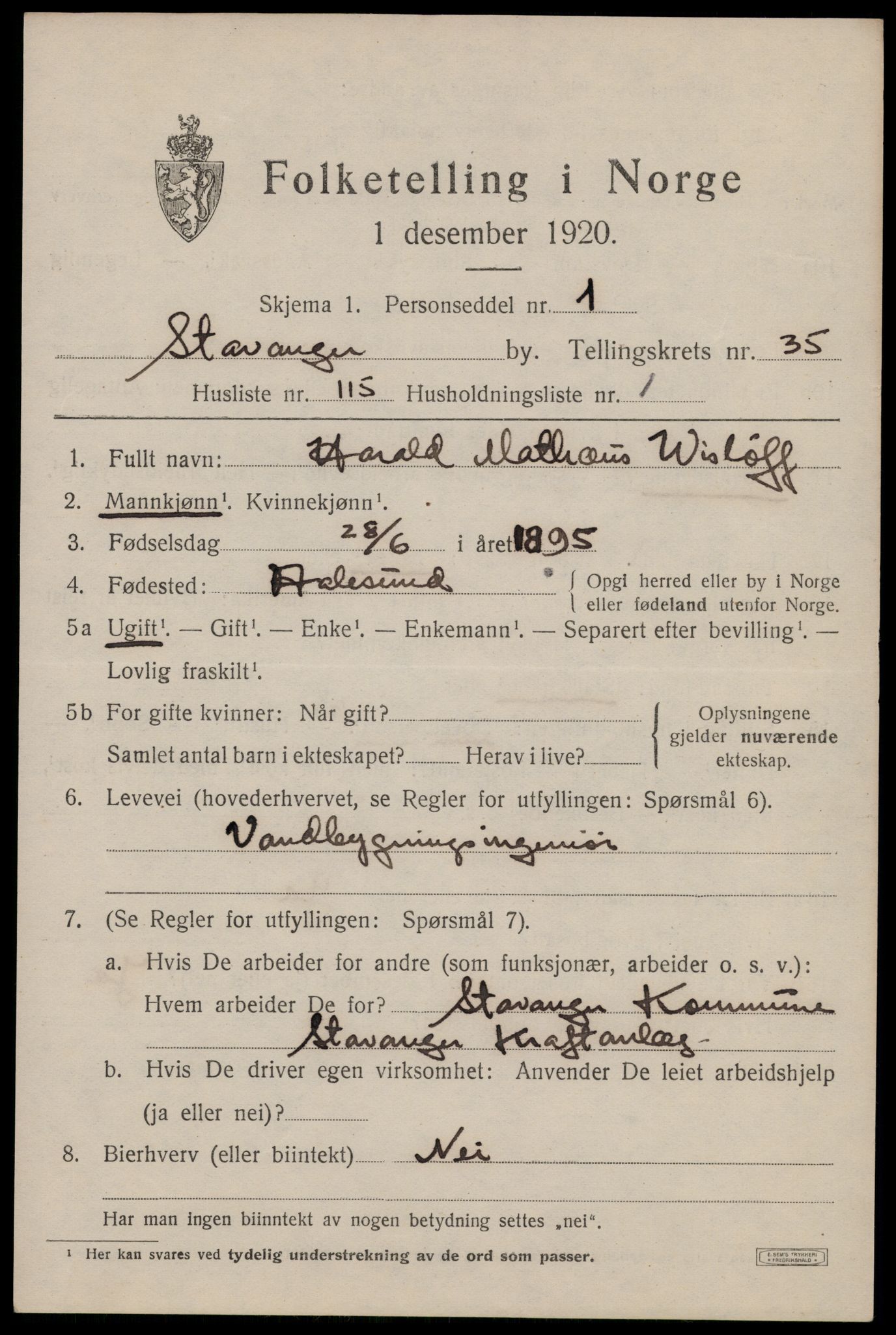 SAST, 1920 census for Stavanger, 1920, p. 95628