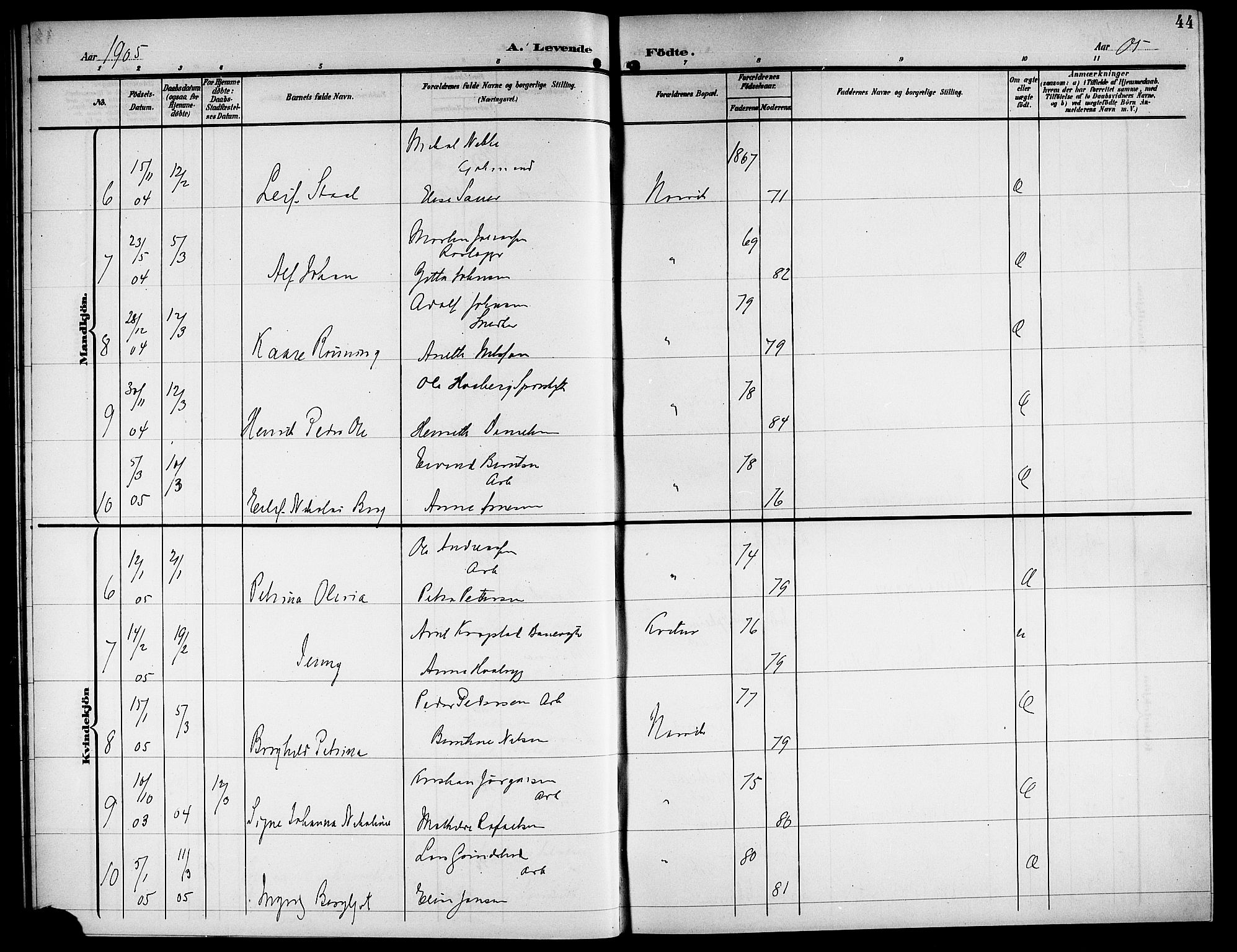 Ministerialprotokoller, klokkerbøker og fødselsregistre - Nordland, AV/SAT-A-1459/871/L1012: Parish register (copy) no. 871C01, 1902-1909, p. 44