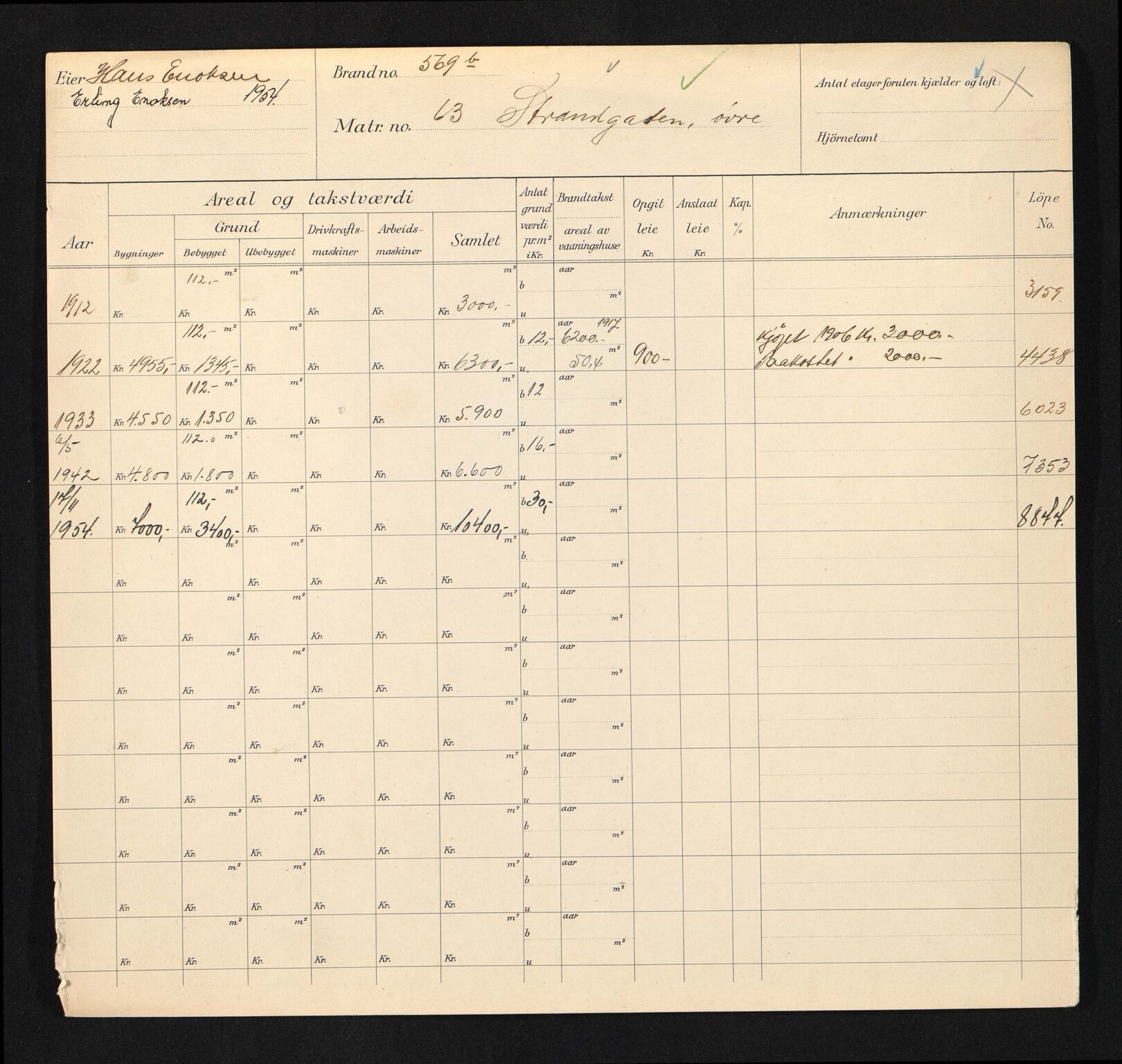 Stavanger kommune. Skattetakstvesenet, BYST/A-0440/F/Fa/Faa/L0047/0004: Skattetakstkort / Øvre Strandgate 63 - 85