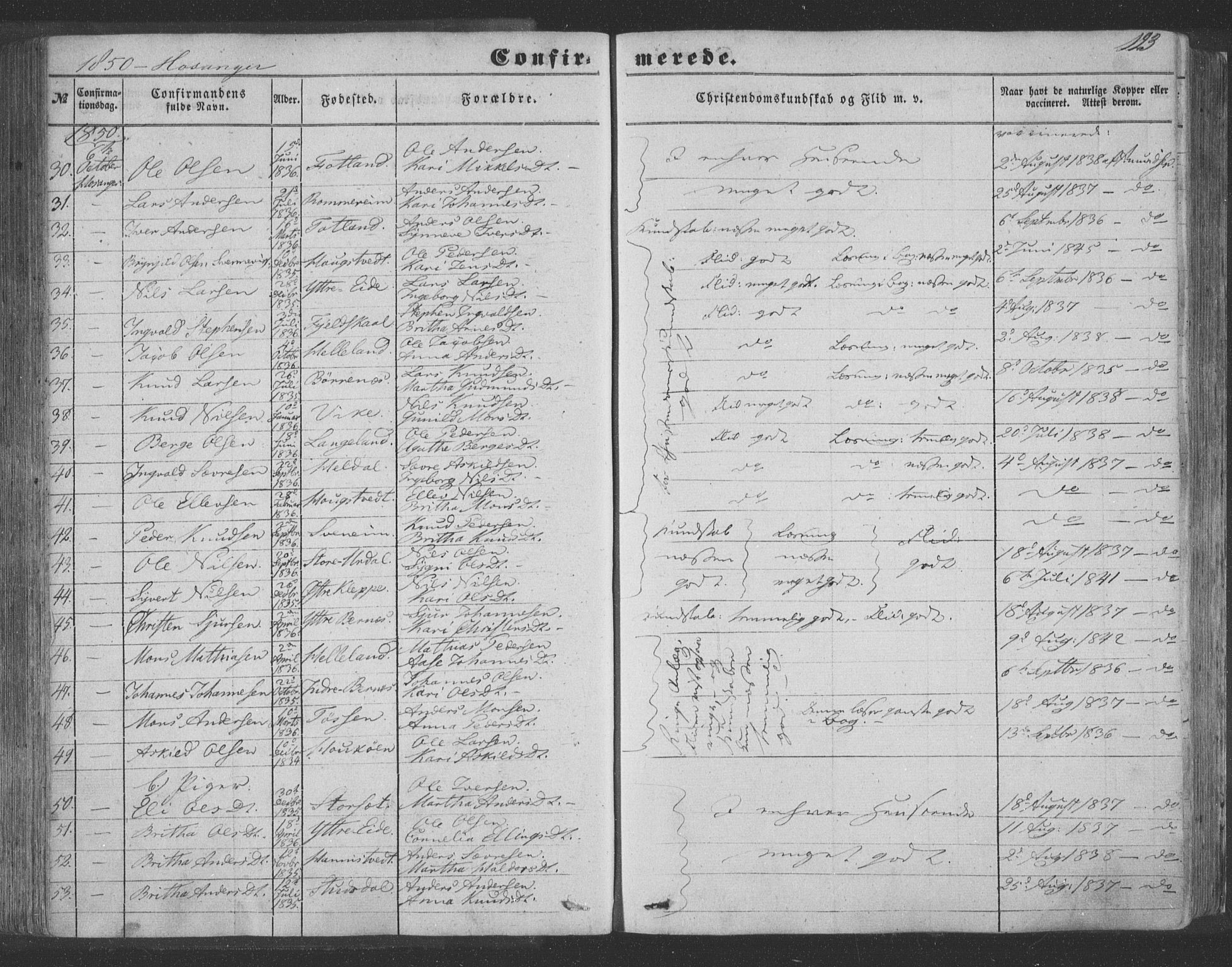 Hosanger sokneprestembete, AV/SAB-A-75801/H/Haa: Parish register (official) no. A 8, 1849-1863, p. 123