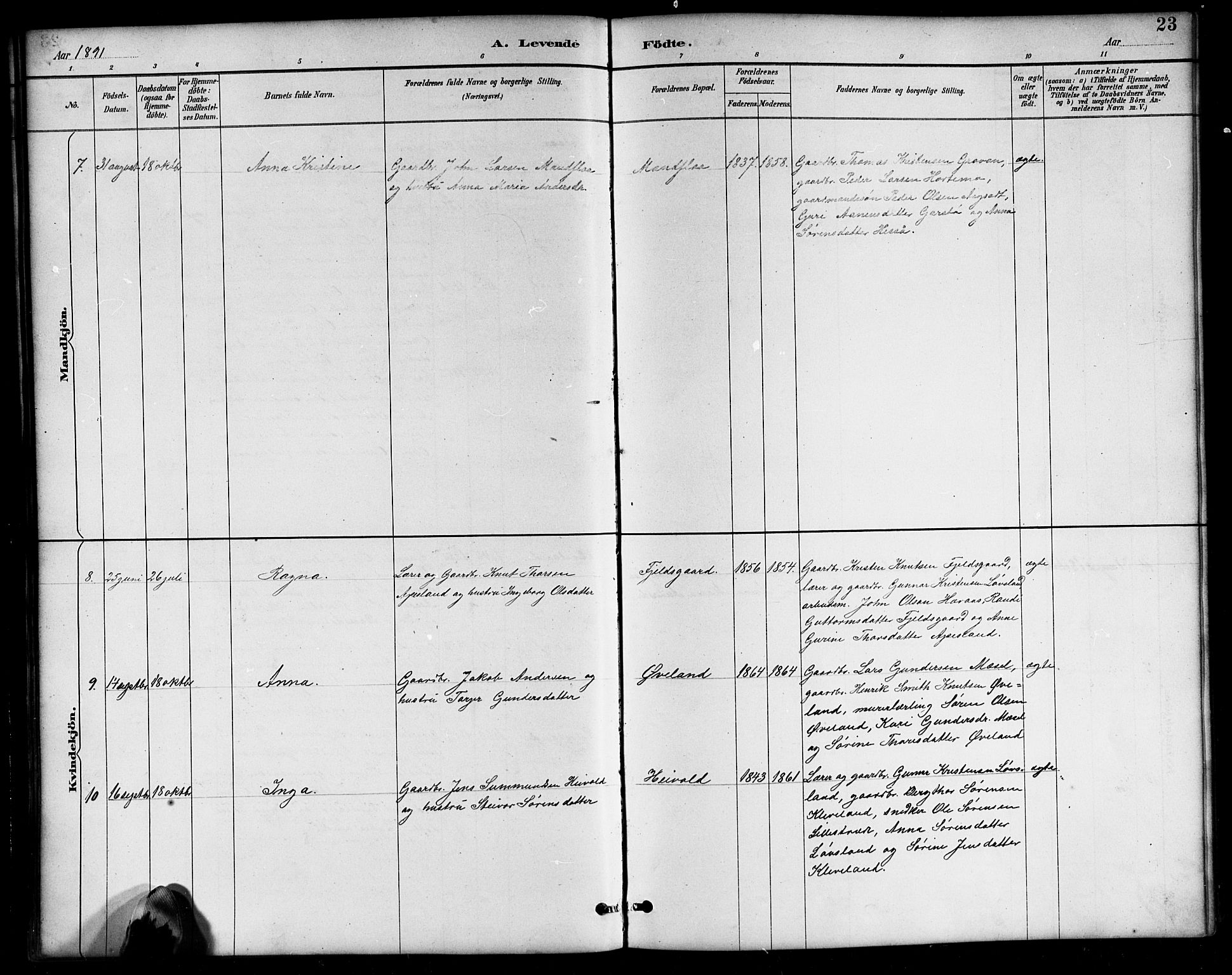 Bjelland sokneprestkontor, AV/SAK-1111-0005/F/Fb/Fbb/L0005: Parish register (copy) no. B 5, 1887-1918, p. 23