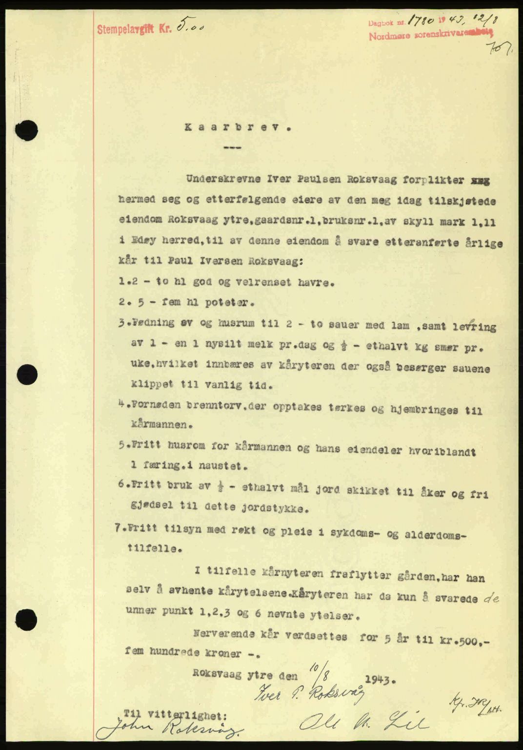 Nordmøre sorenskriveri, AV/SAT-A-4132/1/2/2Ca: Mortgage book no. A95, 1943-1943, Diary no: : 1780/1943