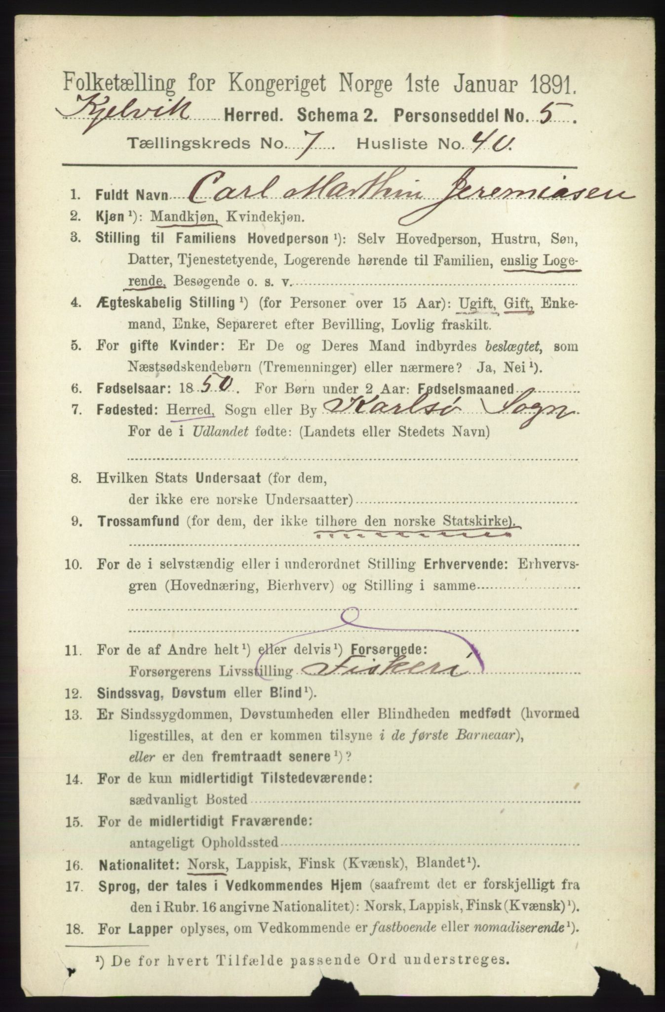 RA, 1891 census for 2019 Kjelvik, 1891, p. 1144