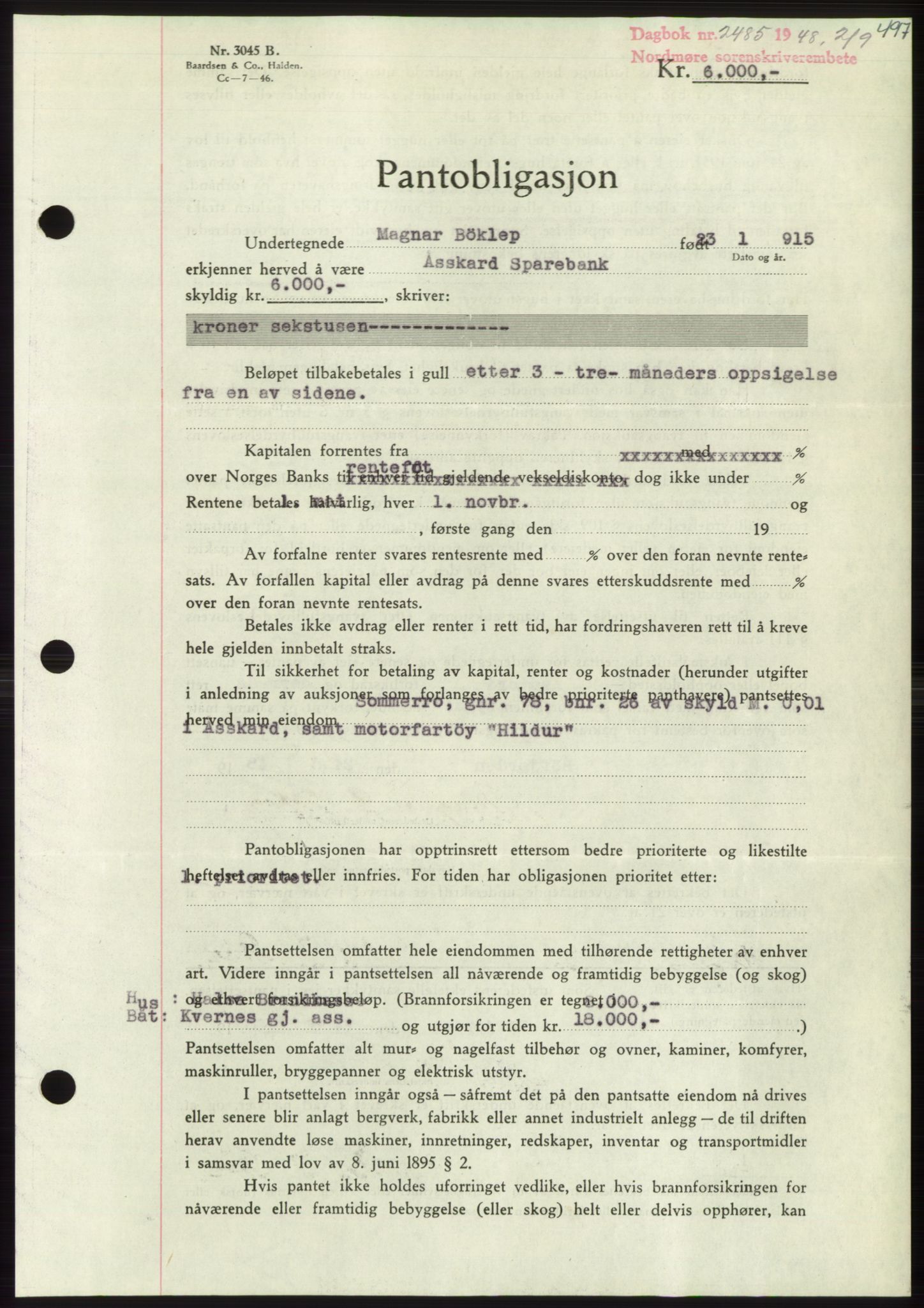 Nordmøre sorenskriveri, AV/SAT-A-4132/1/2/2Ca: Mortgage book no. B99, 1948-1948, Diary no: : 2485/1948