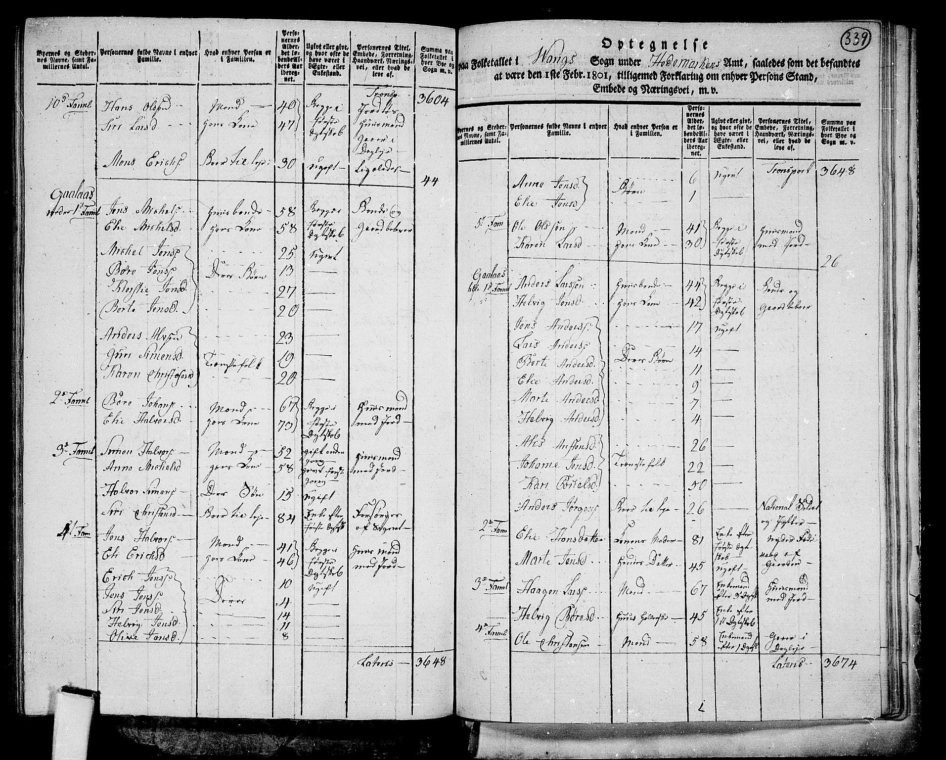 RA, 1801 census for 0414P Vang, 1801, p. 338b-339a