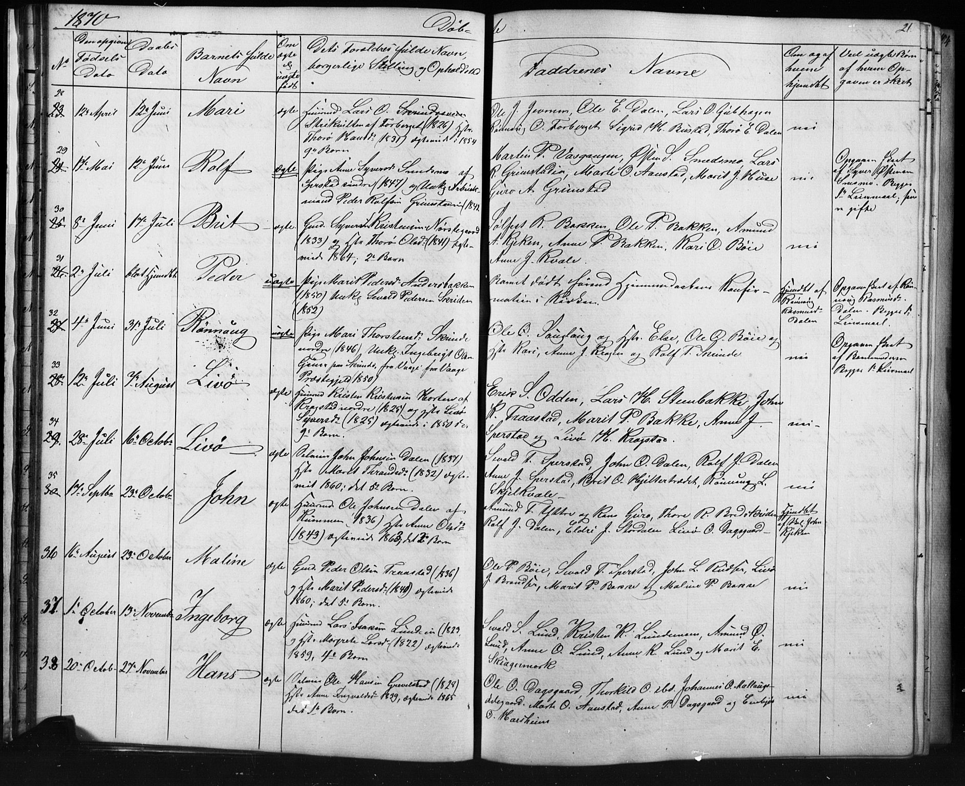 Skjåk prestekontor, AV/SAH-PREST-072/H/Ha/Hab/L0001: Parish register (copy) no. 1, 1865-1893, p. 21