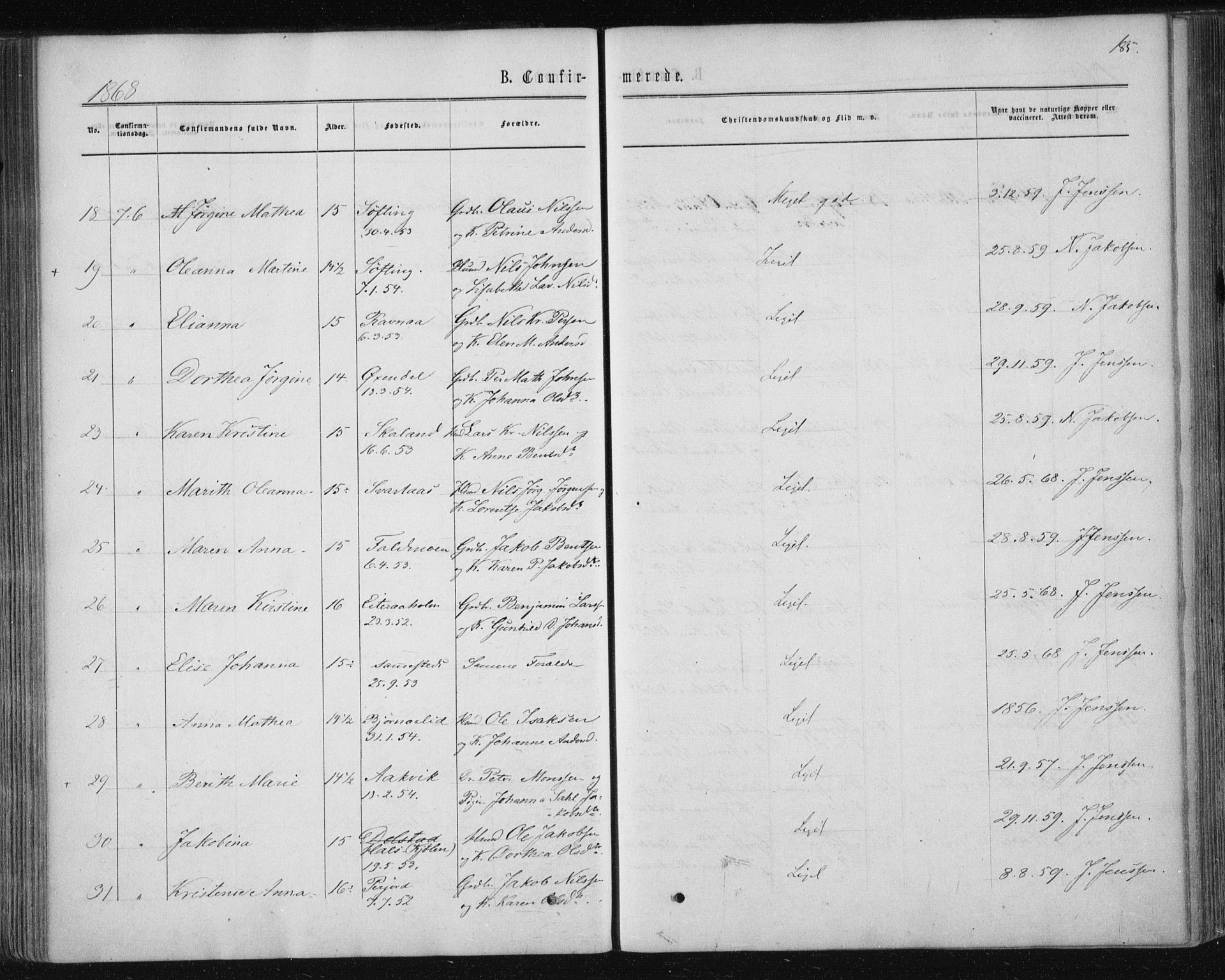 Ministerialprotokoller, klokkerbøker og fødselsregistre - Nordland, AV/SAT-A-1459/820/L0294: Parish register (official) no. 820A15, 1866-1879, p. 185