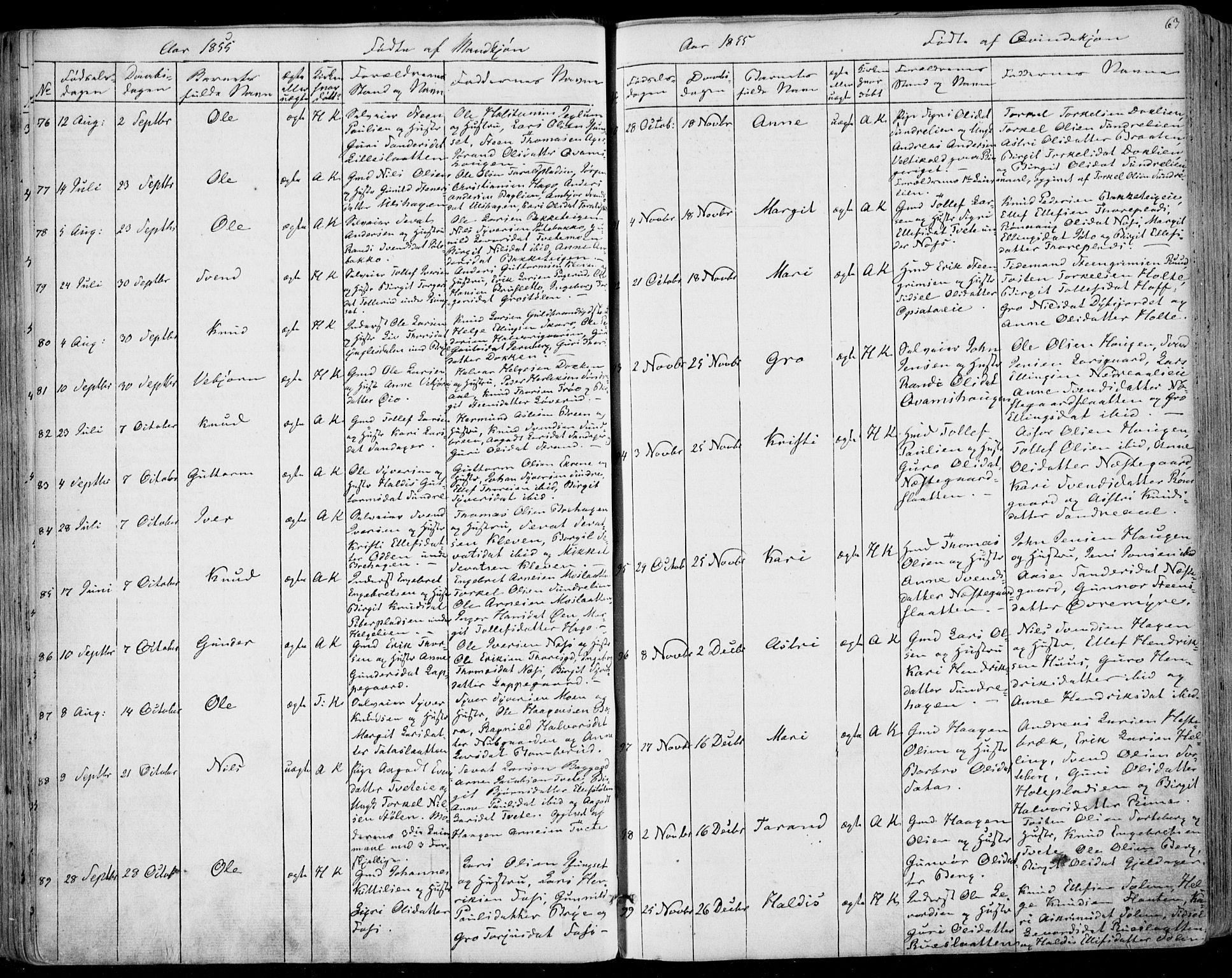 Ål kirkebøker, AV/SAKO-A-249/F/Fa/L0006: Parish register (official) no. I 6, 1849-1864, p. 63