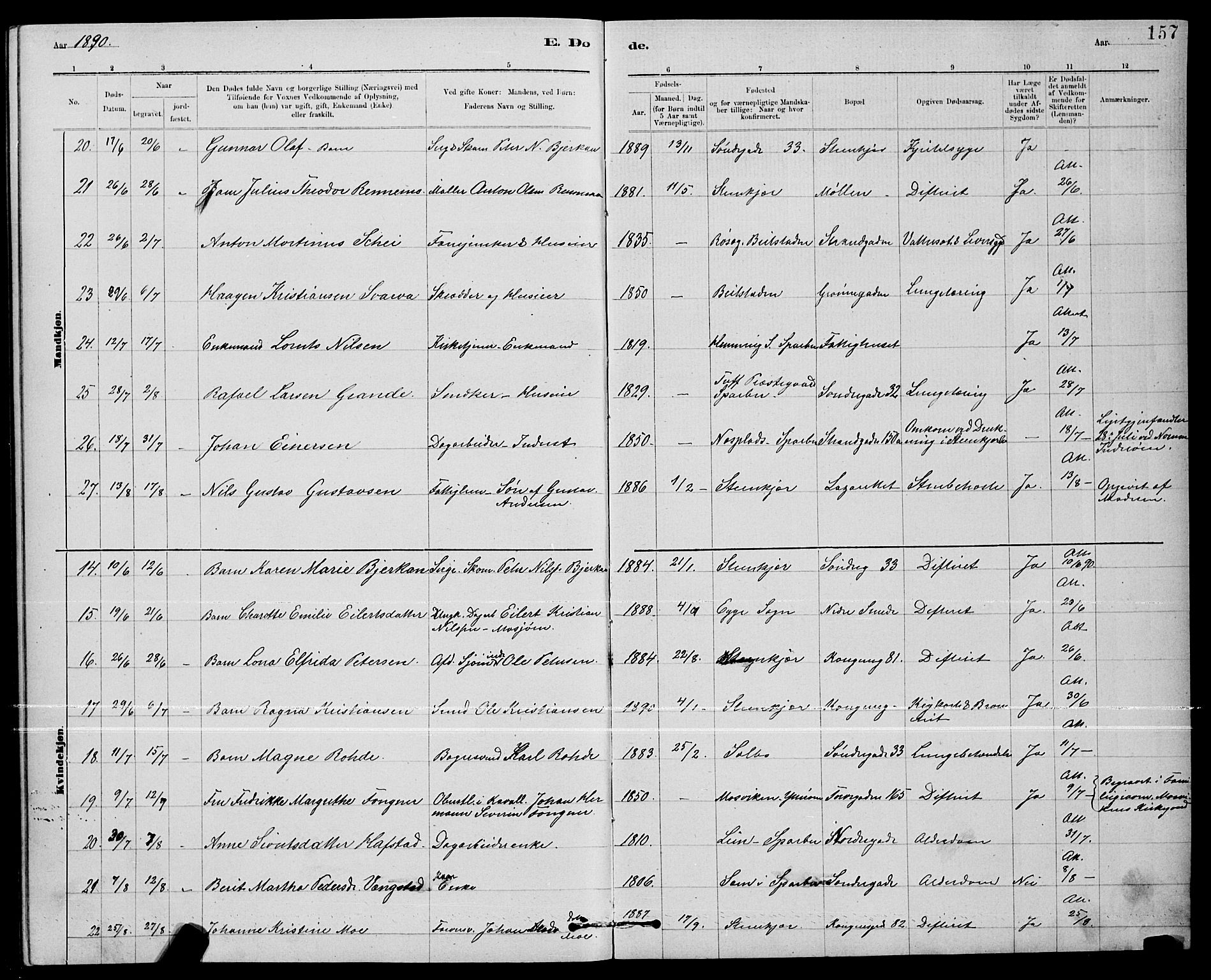 Ministerialprotokoller, klokkerbøker og fødselsregistre - Nord-Trøndelag, AV/SAT-A-1458/739/L0374: Parish register (copy) no. 739C02, 1883-1898, p. 157