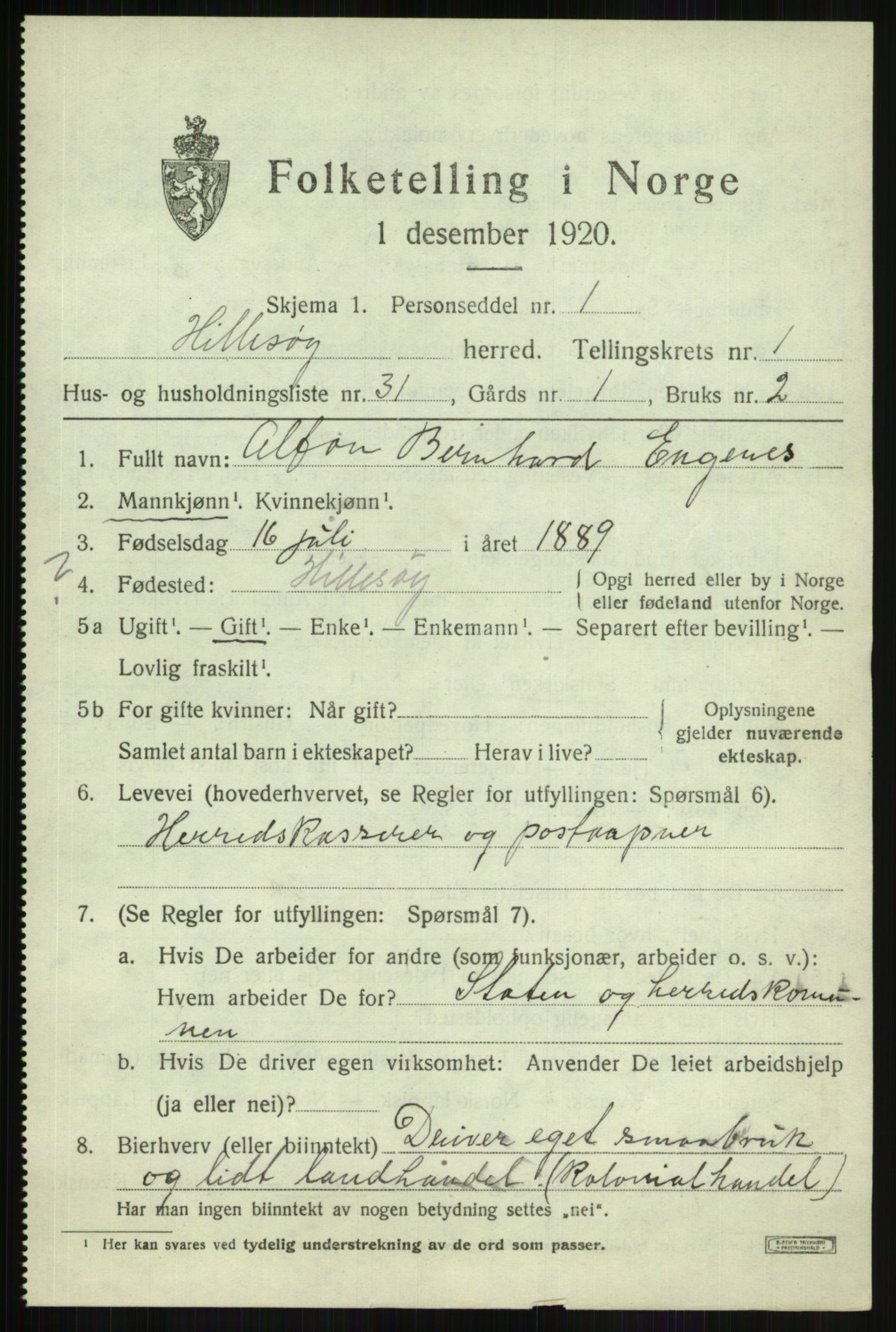 SATØ, 1920 census for Hillesøy, 1920, p. 1083