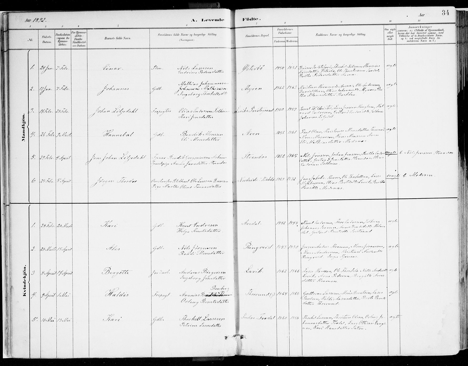 Lavik sokneprestembete, AV/SAB-A-80901: Parish register (official) no. B 1, 1882-1908, p. 34