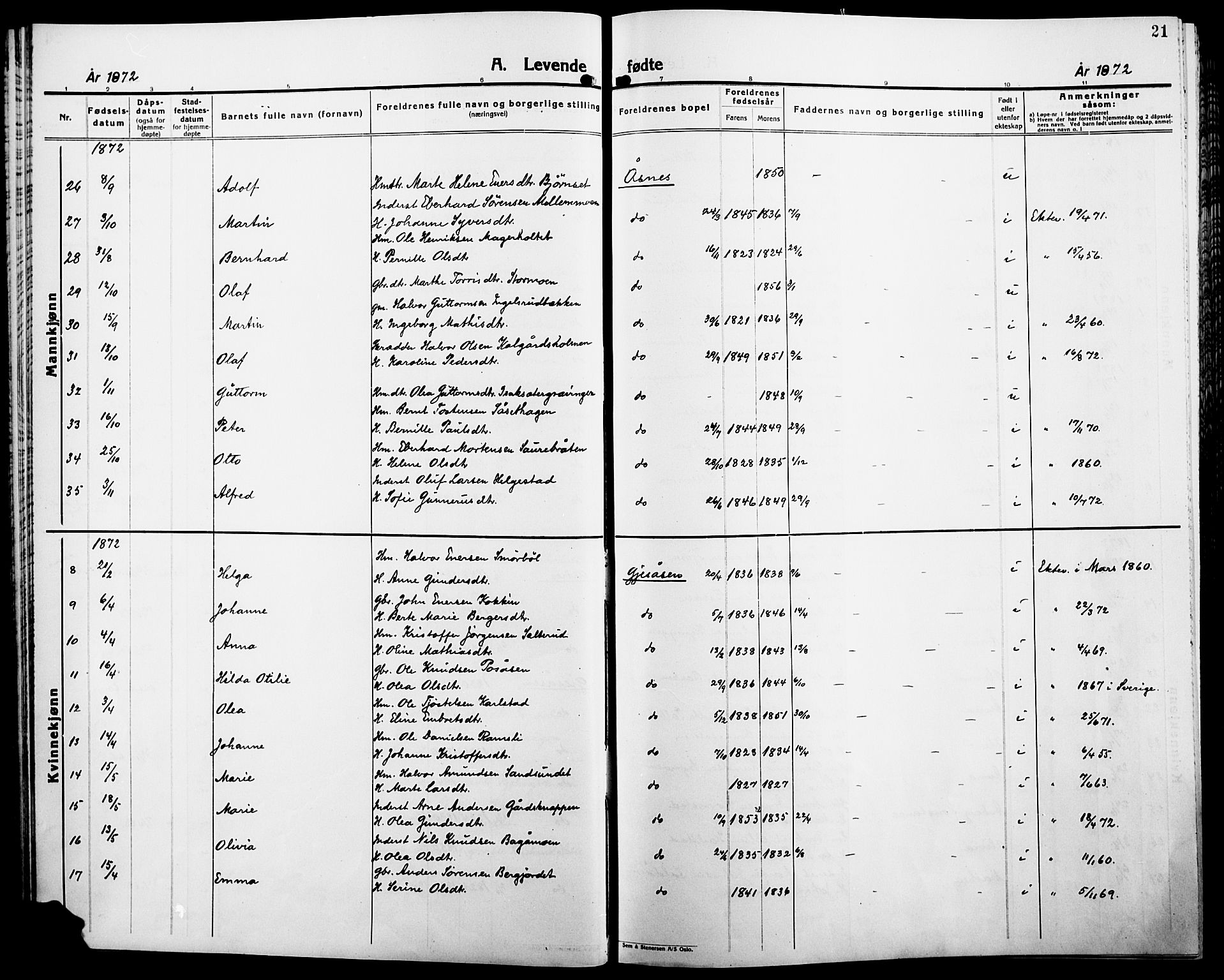 Åsnes prestekontor, AV/SAH-PREST-042/H/Ha/Haa/L0000B: Parish register (official), 1870-1889, p. 21