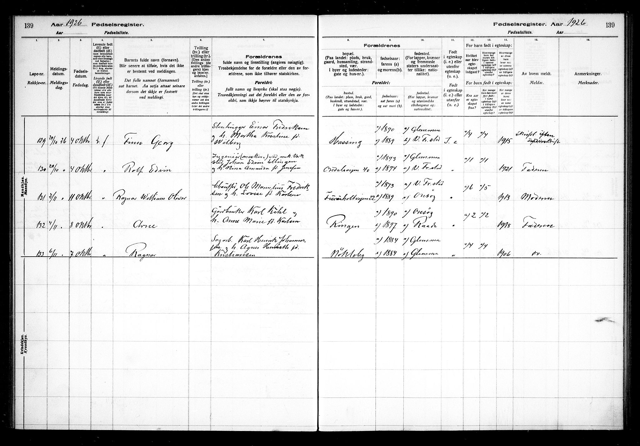 Glemmen prestekontor Kirkebøker, AV/SAO-A-10908/J/Ja/L0002: Birth register no. I 2, 1922-1929, p. 139