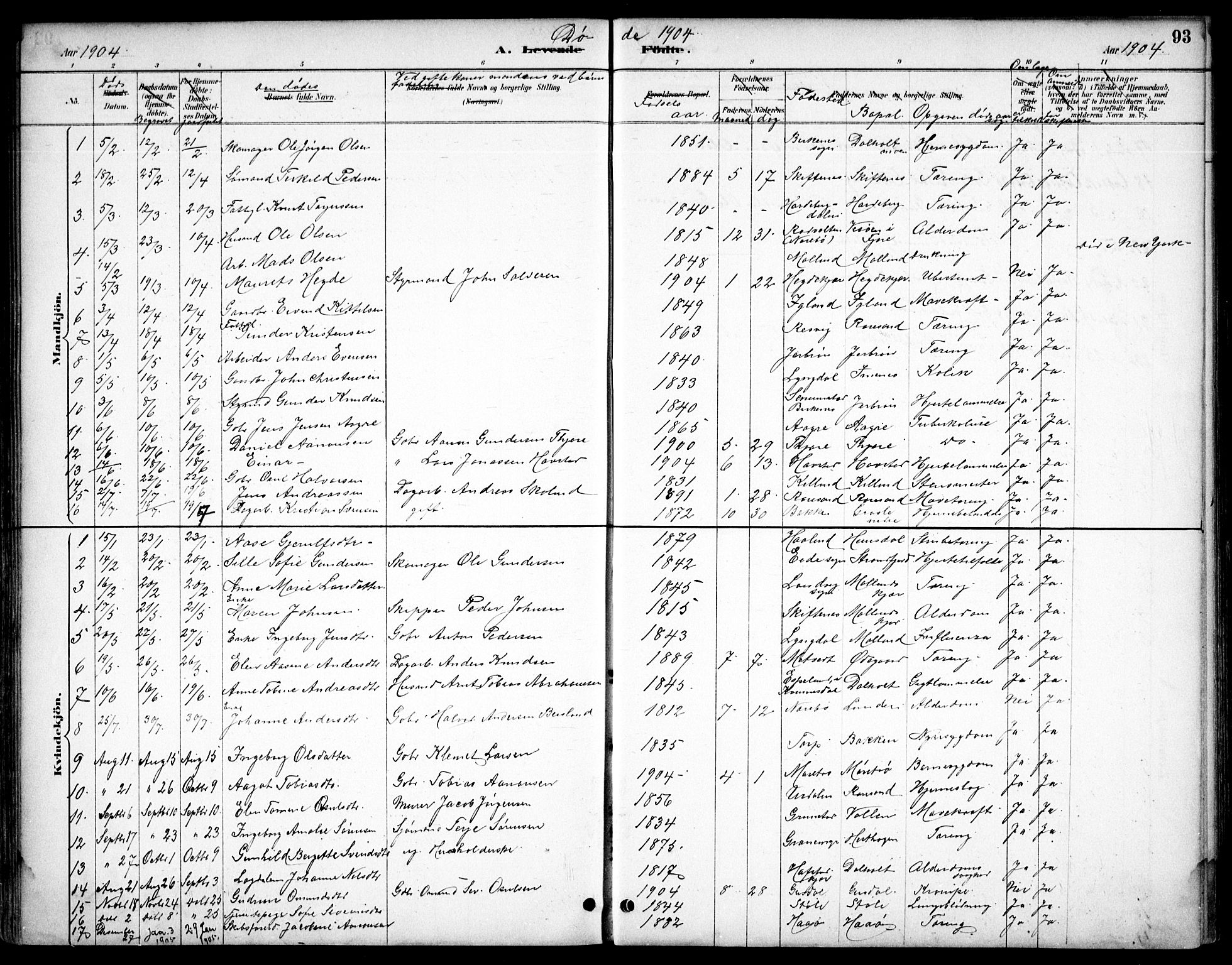 Hommedal sokneprestkontor, SAK/1111-0023/F/Fb/Fbb/L0007: Parish register (copy) no. B 7, 1885-1904, p. 93