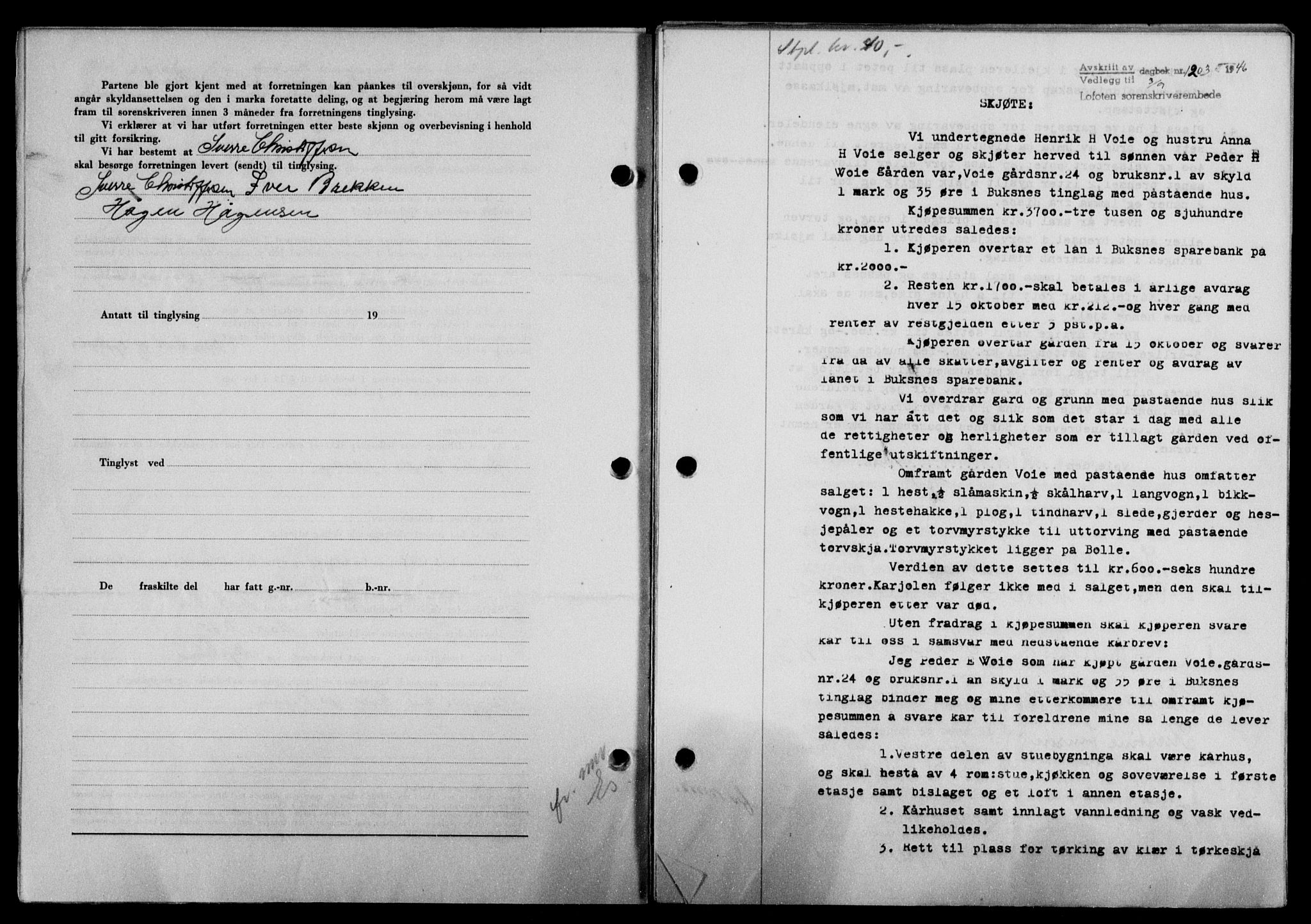 Lofoten sorenskriveri, SAT/A-0017/1/2/2C/L0014a: Mortgage book no. 14a, 1946-1946, Diary no: : 1203/1946