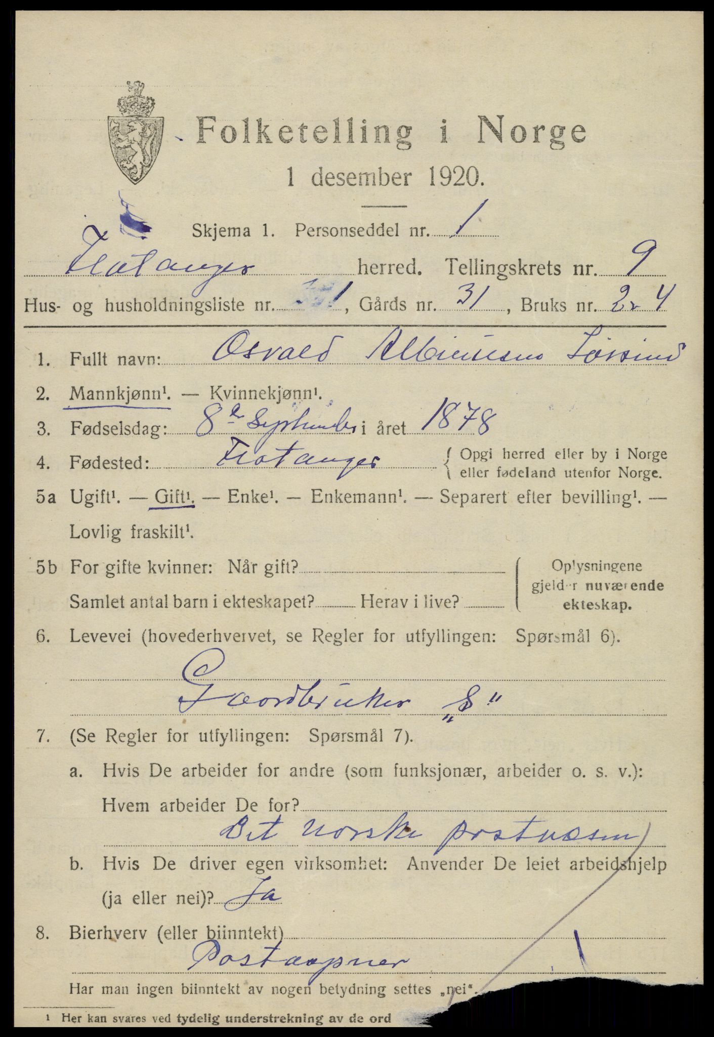 SAT, 1920 census for Flatanger, 1920, p. 4148