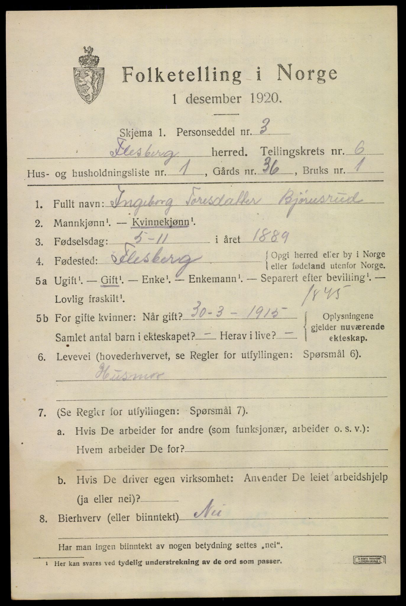 SAKO, 1920 census for Flesberg, 1920, p. 2617