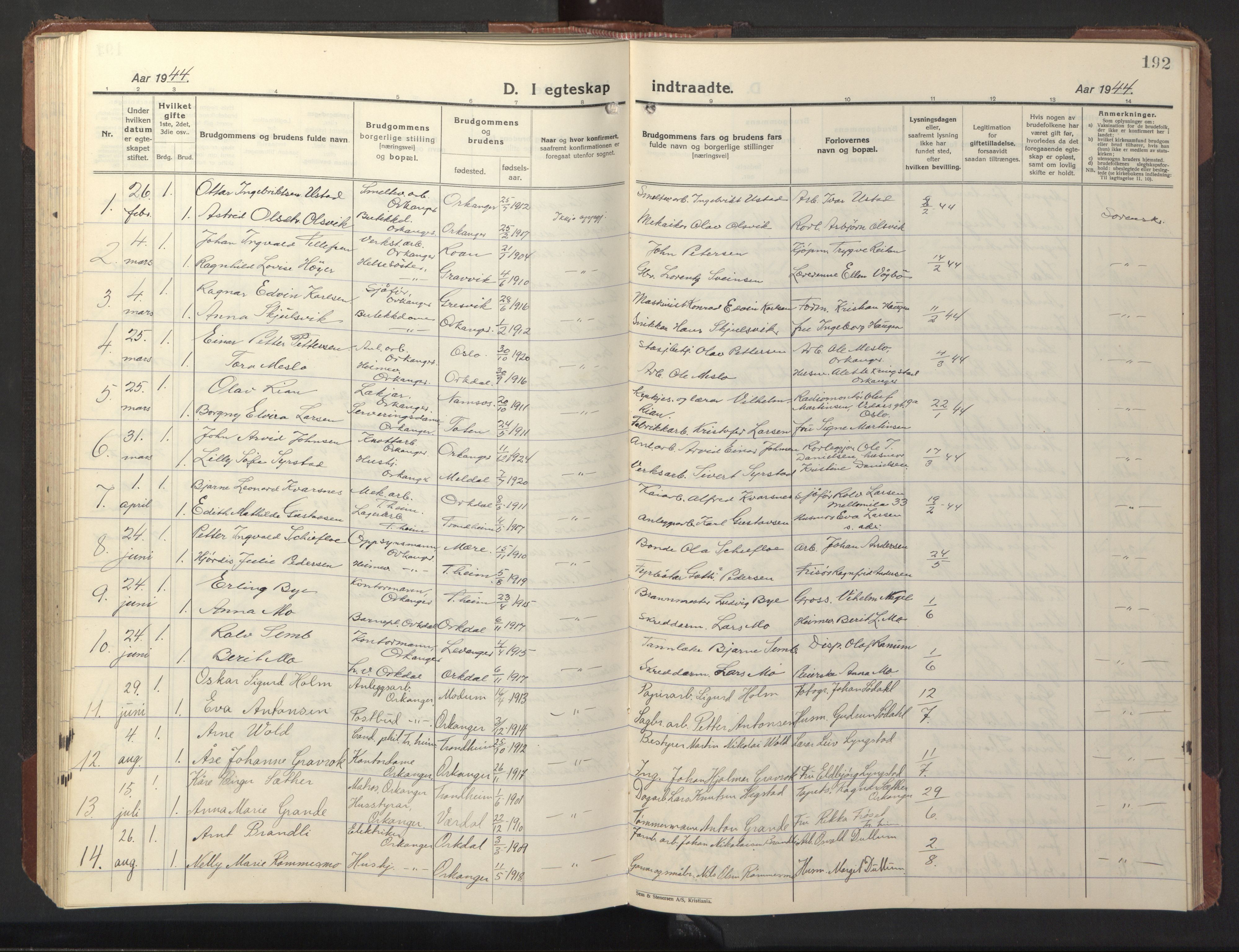 Ministerialprotokoller, klokkerbøker og fødselsregistre - Sør-Trøndelag, SAT/A-1456/669/L0832: Parish register (copy) no. 669C02, 1925-1953, p. 192