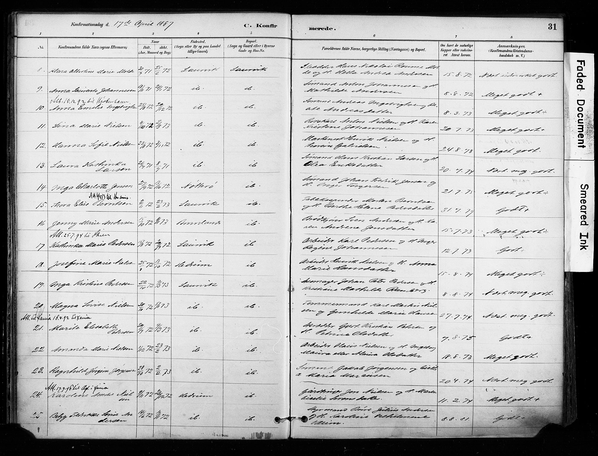 Larvik kirkebøker, AV/SAKO-A-352/F/Fa/L0008: Parish register (official) no. I 8, 1884-1902, p. 31