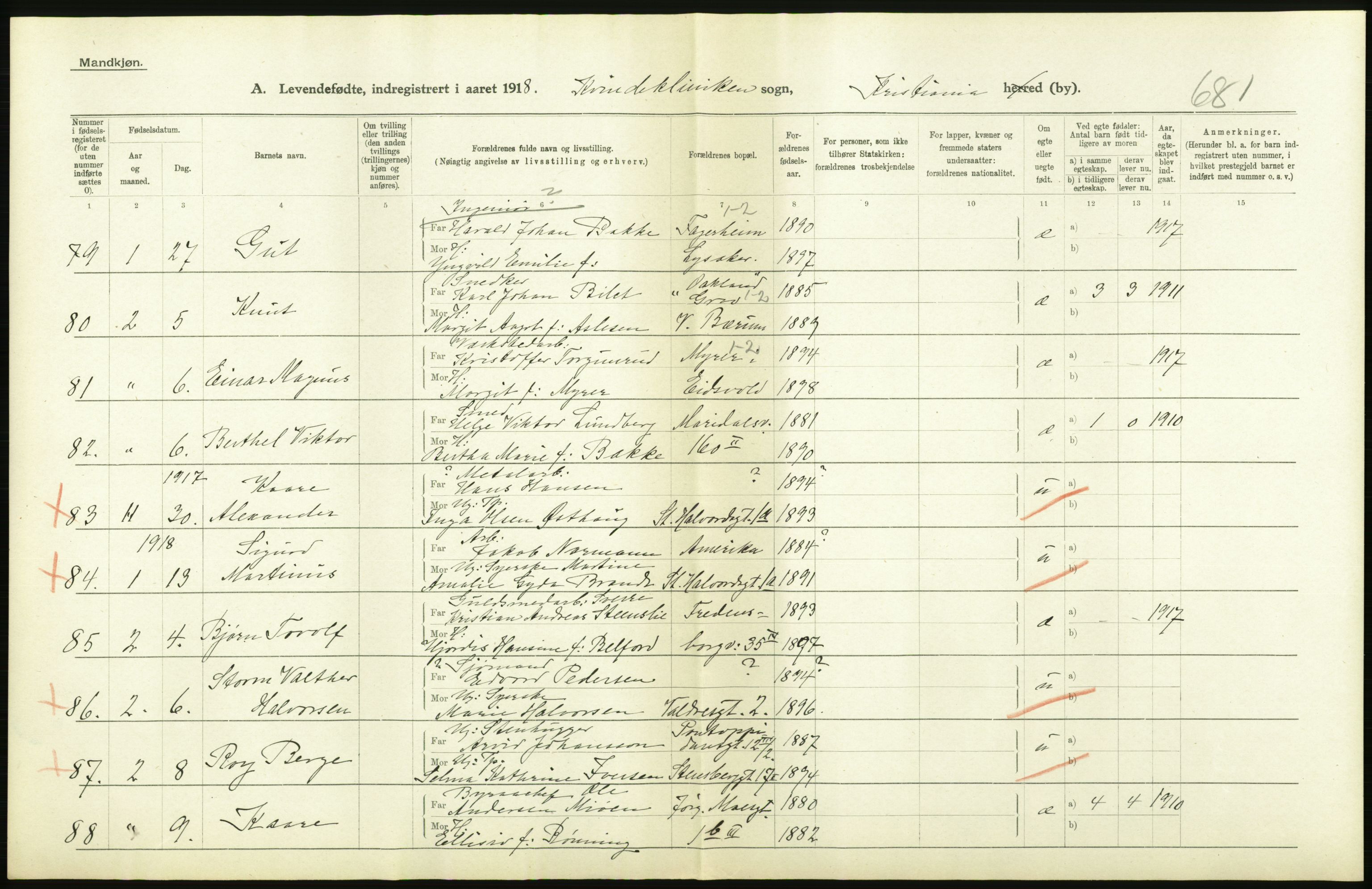 Statistisk sentralbyrå, Sosiodemografiske emner, Befolkning, AV/RA-S-2228/D/Df/Dfb/Dfbh/L0008: Kristiania: Levendefødte menn og kvinner., 1918, p. 406