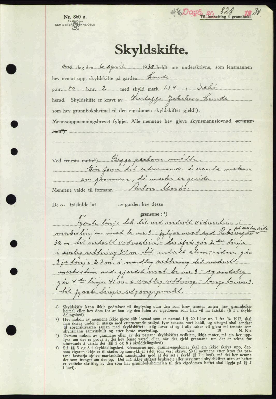 Nordhordland sorenskrivar, AV/SAB-A-2901/1/G/Gb/Gbf/L0006: Mortgage book no. A6, 1938-1938, Diary no: : 828/1938