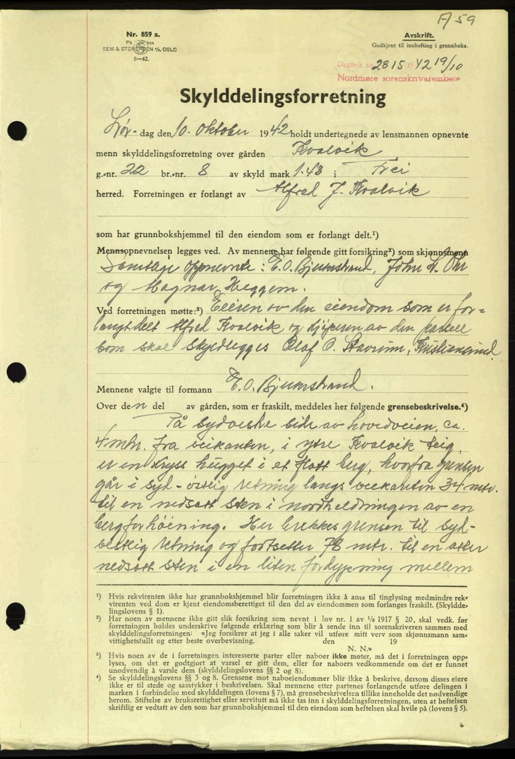 Nordmøre sorenskriveri, AV/SAT-A-4132/1/2/2Ca: Mortgage book no. A94, 1942-1943, Diary no: : 2815/1942