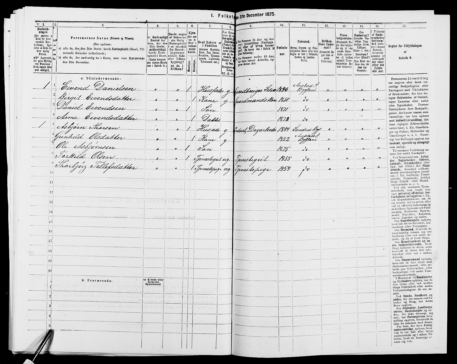 SAK, 1875 census for 0938P Bygland, 1875, p. 228