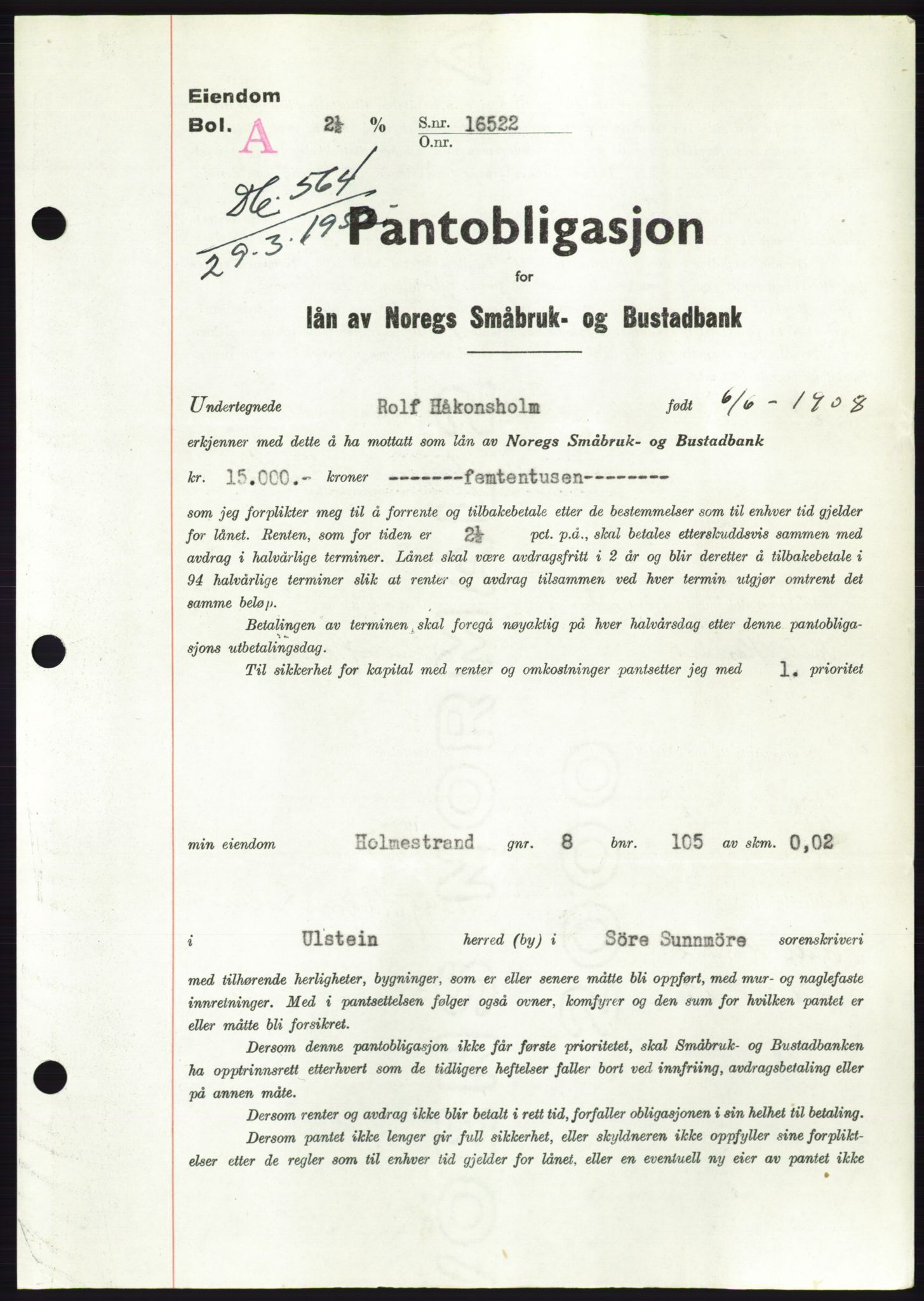 Søre Sunnmøre sorenskriveri, AV/SAT-A-4122/1/2/2C/L0121: Mortgage book no. 9B, 1951-1952, Diary no: : 564/1952