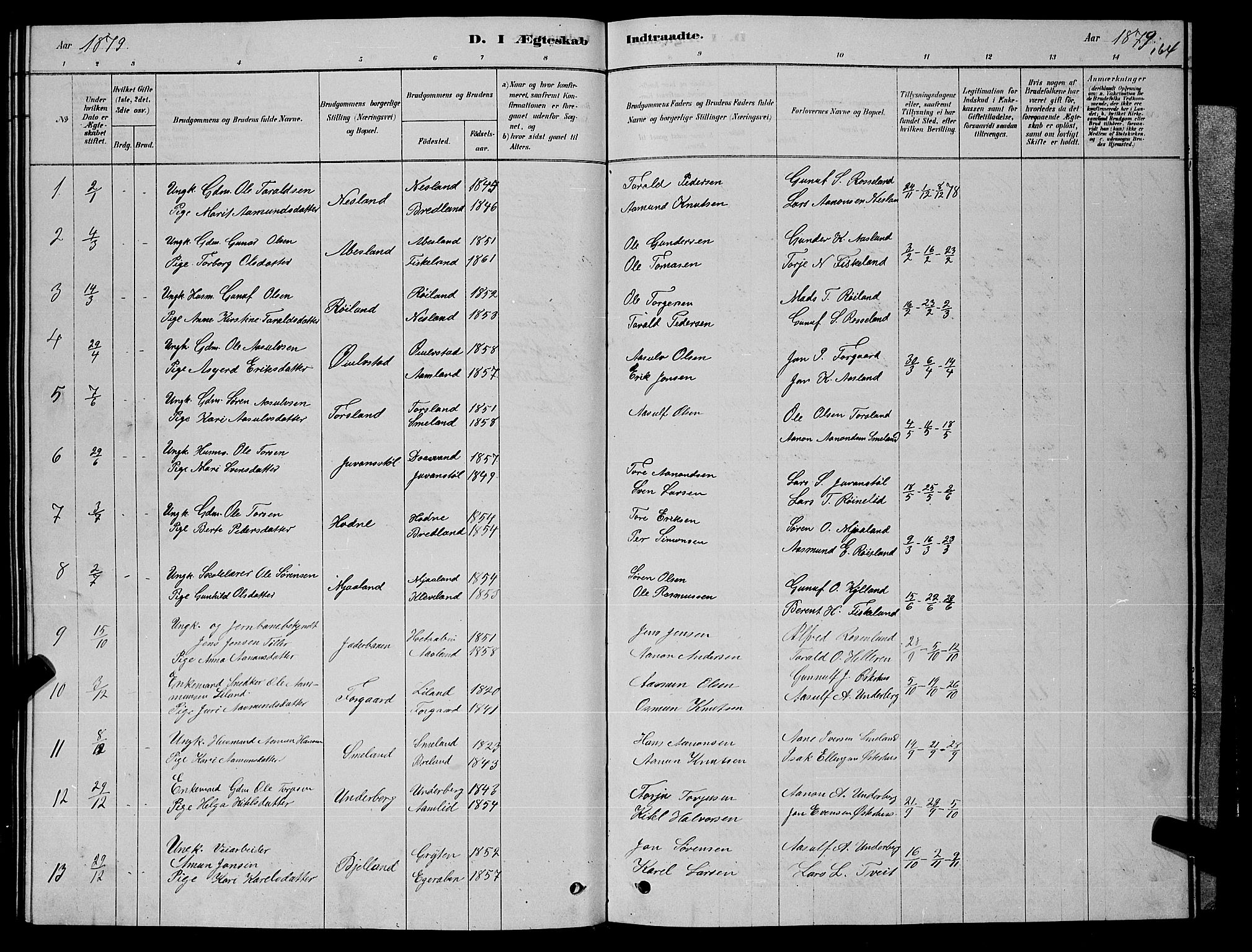 Åseral sokneprestkontor, SAK/1111-0051/F/Fb/L0002: Parish register (copy) no. B 2, 1878-1899, p. 164